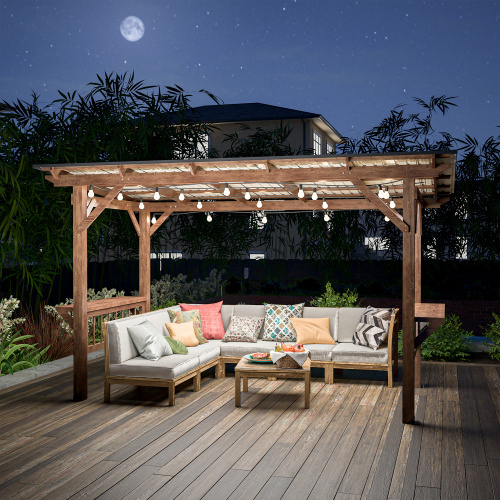 13' X 6.5' Wooden Pergola Grill Gazebo With Metal Roof & Bulbs & Bar Counters - Image 3