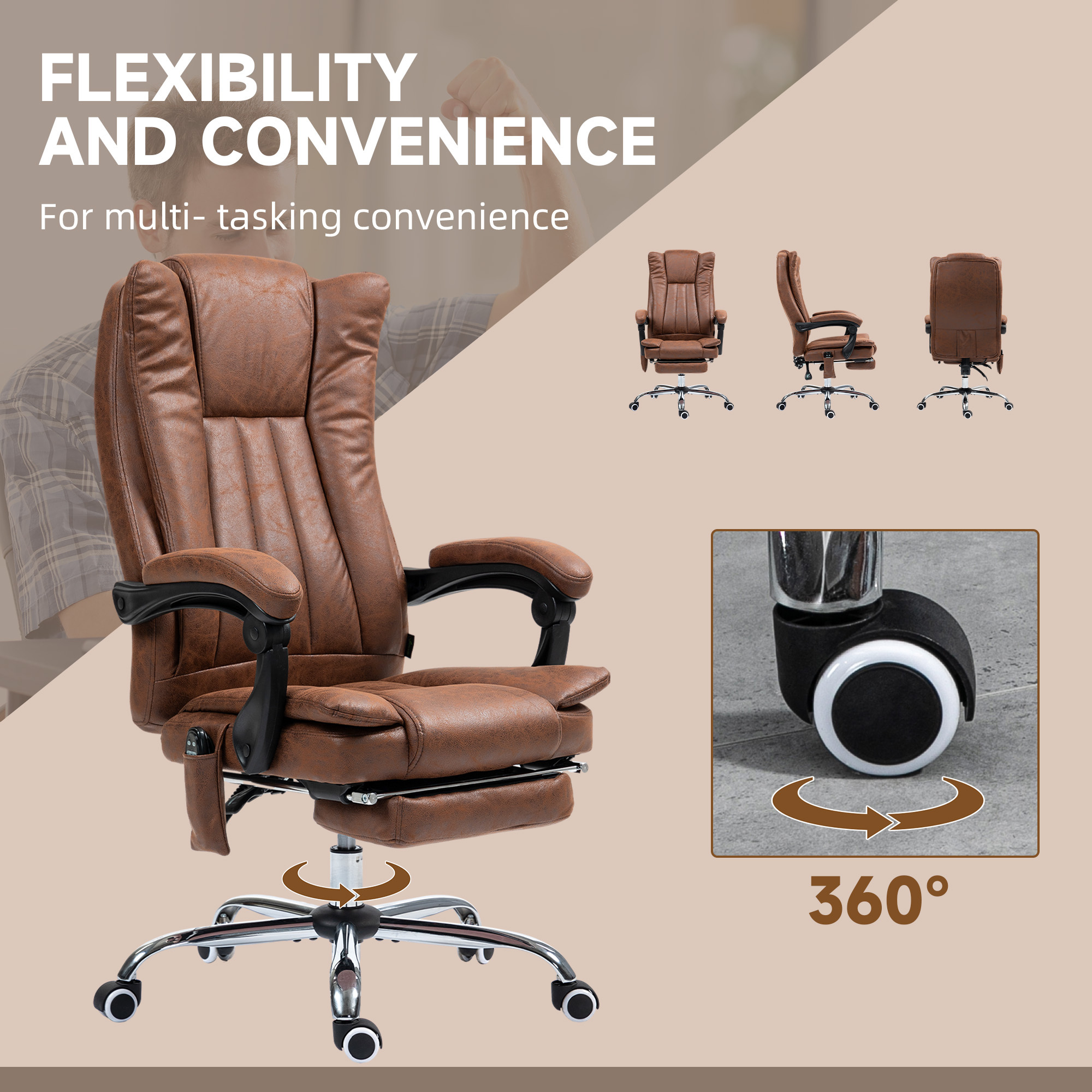 Massage Office Chair With 6 Points And Heat, Reclining Computer Chair With Adjustable Height And Footrest, Brown - Image 4