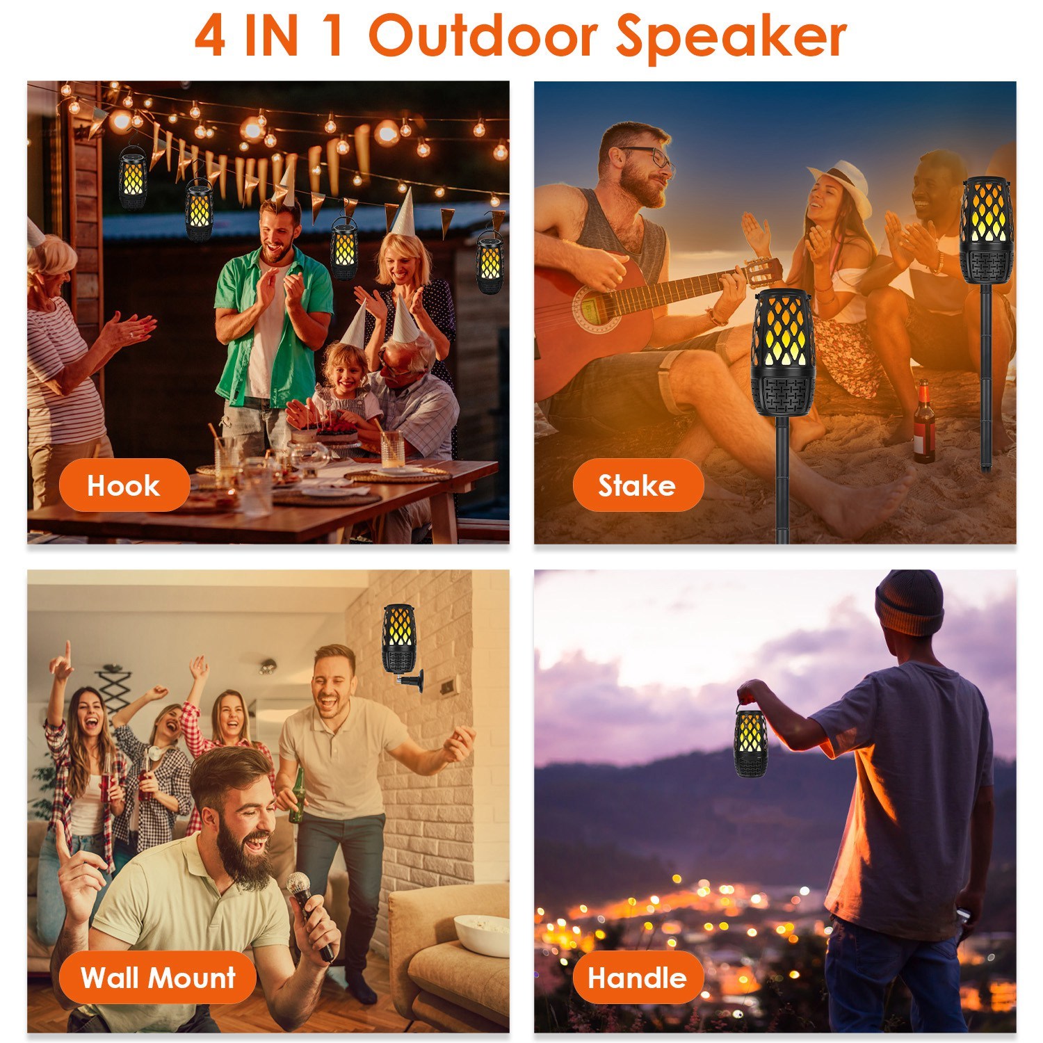 1Pc 4 In 1 Wireless 5.3 Outdoor Speaker IPX5 Waterproof Patio Speaker LED Flame Speaker With 3 Flame Light Modes Hook Stake Wall Mount Holder Sync Up To 1,00 Speakers - Image 2