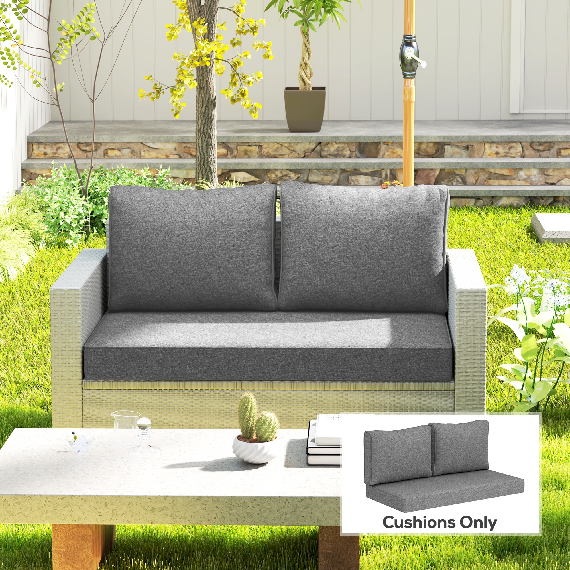 2 Seat Patio Furniture Cushions, 46x26x5 In, Thick Outdoor Loveseat Cushion Set With Removable Cover, Fade-Resistant Replacement Cushions For Outdoor Furniture, Couch, Bench, Swing, Gray