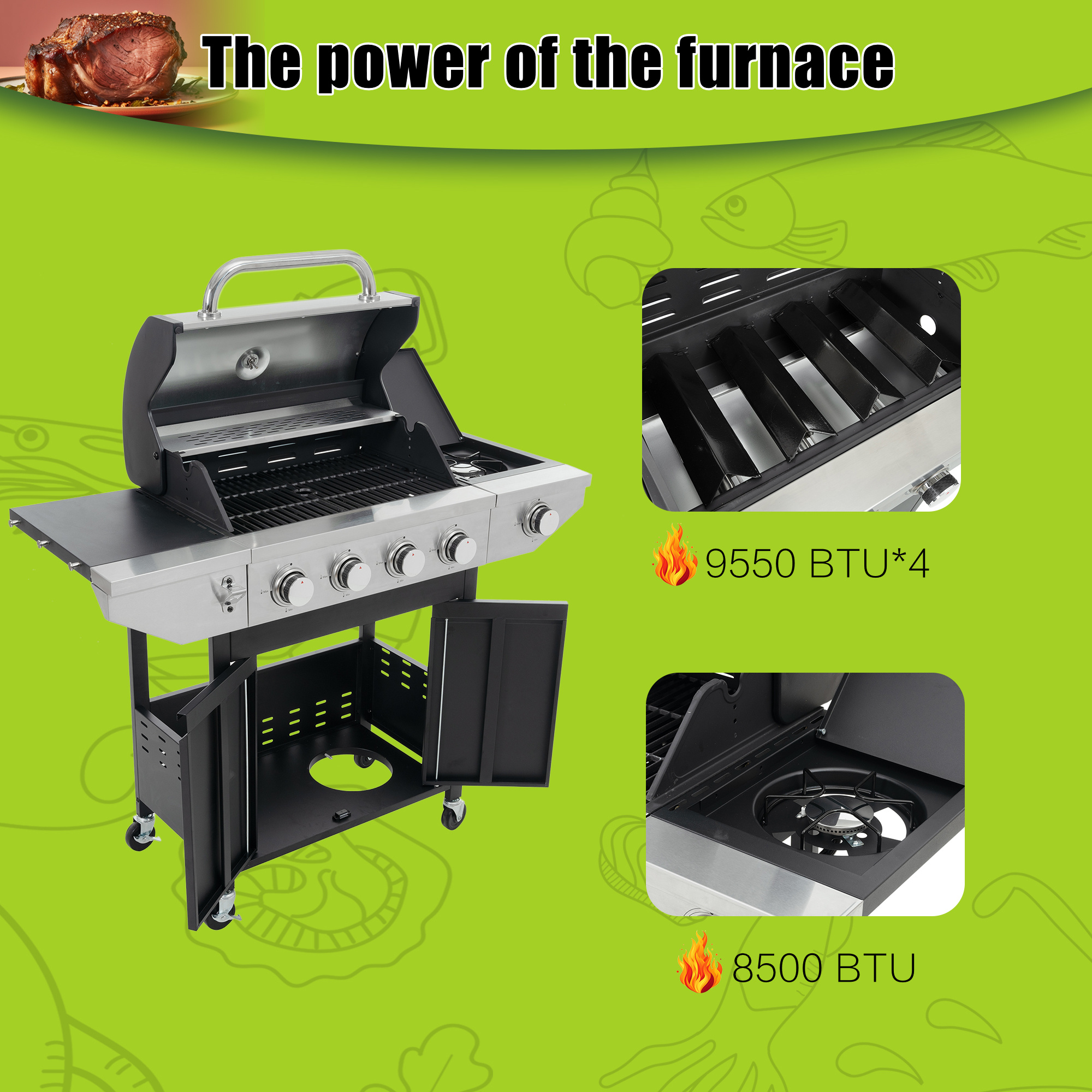 Propane Grill 4 Burner Barbecue Grill Stainless Steel Gas Grill With Side Burner, 46,500 BTU Outdoor Cooking, Patio, Garden Barbecue Grill, Black And Silver - Image 3