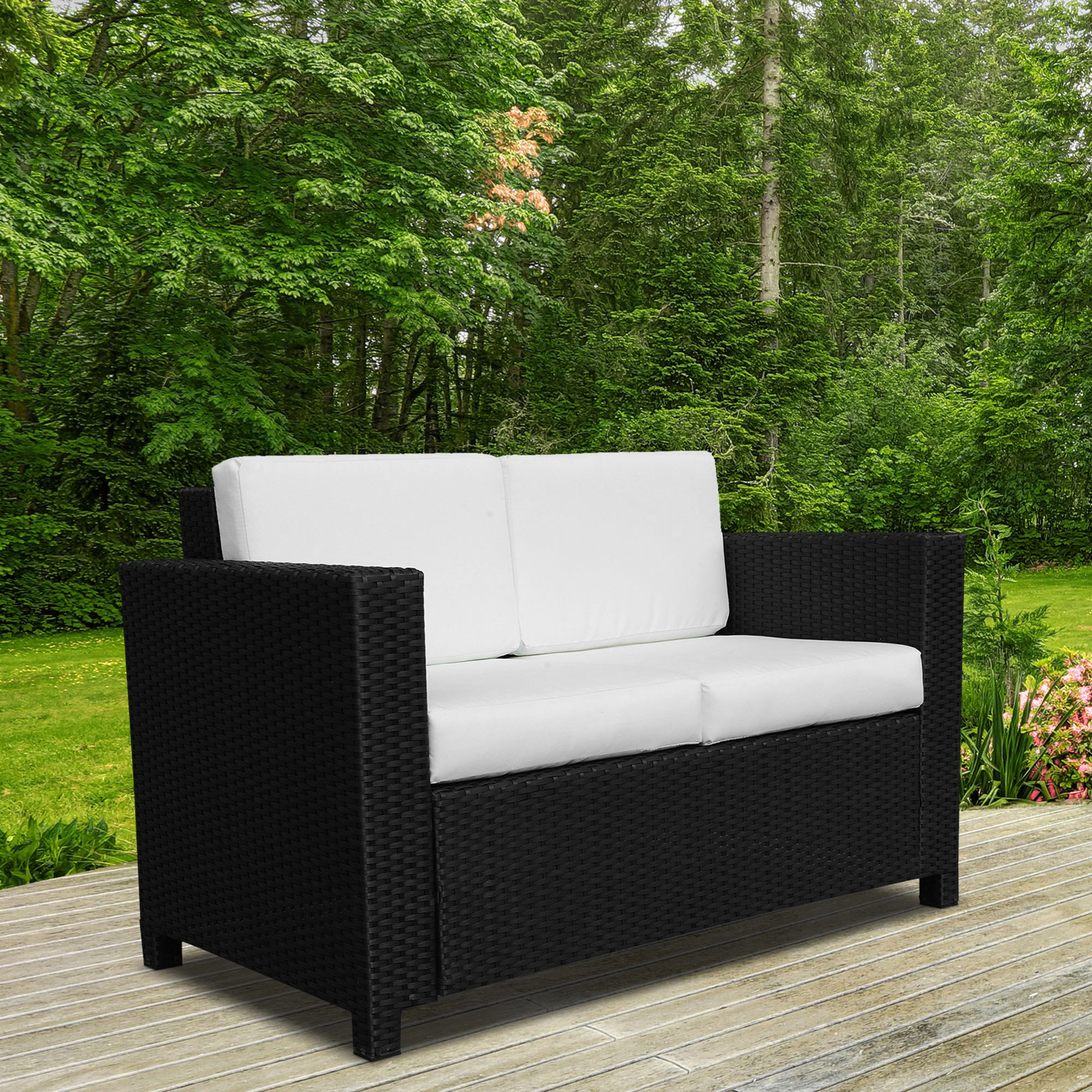Rattan Sofa, 2 Seater Garden Furniture With Soft Padded Cushion And Armrests, Wicker Garden Loveseat For Patio, Black - Image 5