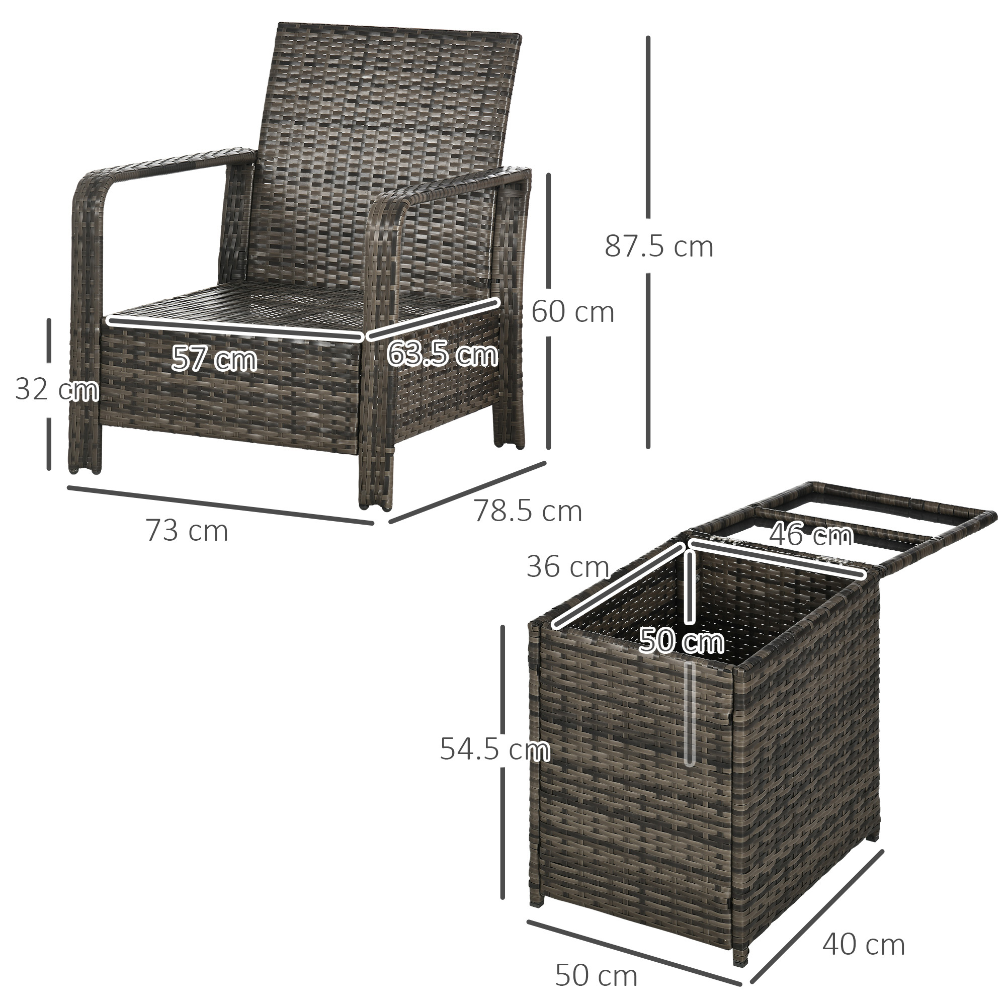 3 Pieces Rattan Bistro Set, Wicker Garden Furniture Set With Storage Coffee Table And Chairs, Thickened Cushions For Outdoor, Patio, Balcony, Grey - Image 2