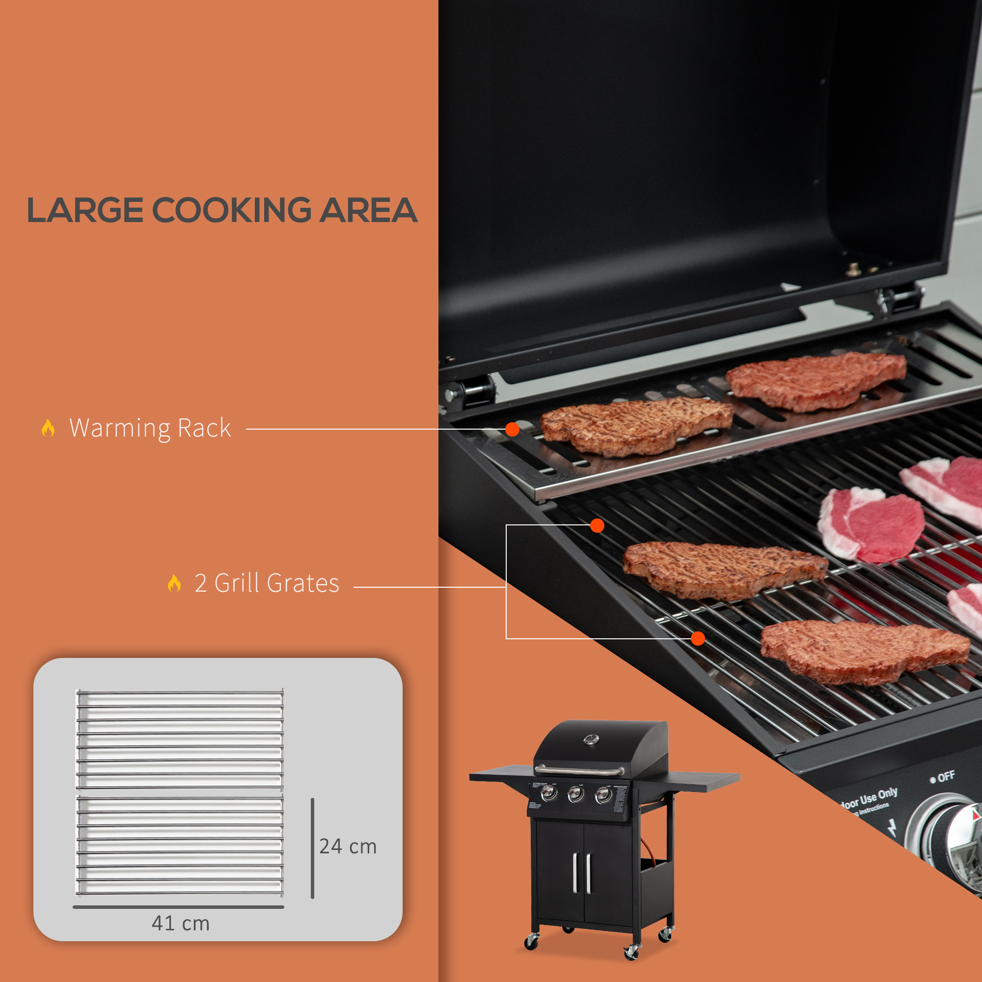 Outdoor 3 Burner Gas Grill Portable Barbecue W/ Wheels, Warming Rack, Shelves, Cabinet, Thermometer, Black - Image 2