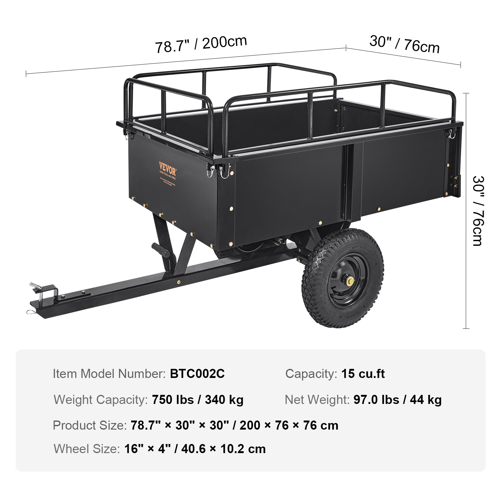 VEVOR Heavy Duty ATV Trailer Steel Dump Cart, 750-Pound 15 Cubic Feet, Garden Utility Trailer With Removable Sides For Riding Lawn Mower Tractor - Image 6