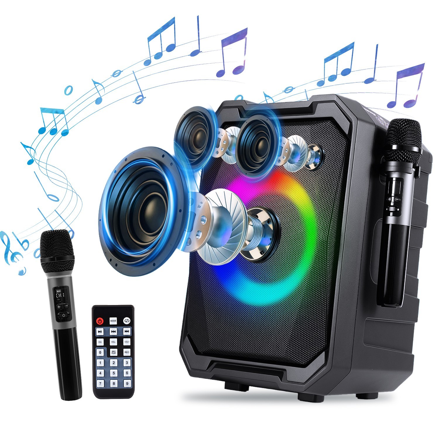1Pc Portable Wireless Party Speaker With LED Light 2 Wireless Mics Remote Control TWS Music Accompany Mic. Priority Bass Echo Mic Treble Guitar In - Image 2