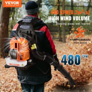 VEVOR Backpack Leaf Blower, 52CC 2-Cycle Leaf Blower With 1.37L Fuel Tank, 480CFM Air Volume 175MPH Speed, Ideal For Lawn Care, Leaf Cleaning, And Snow Removal