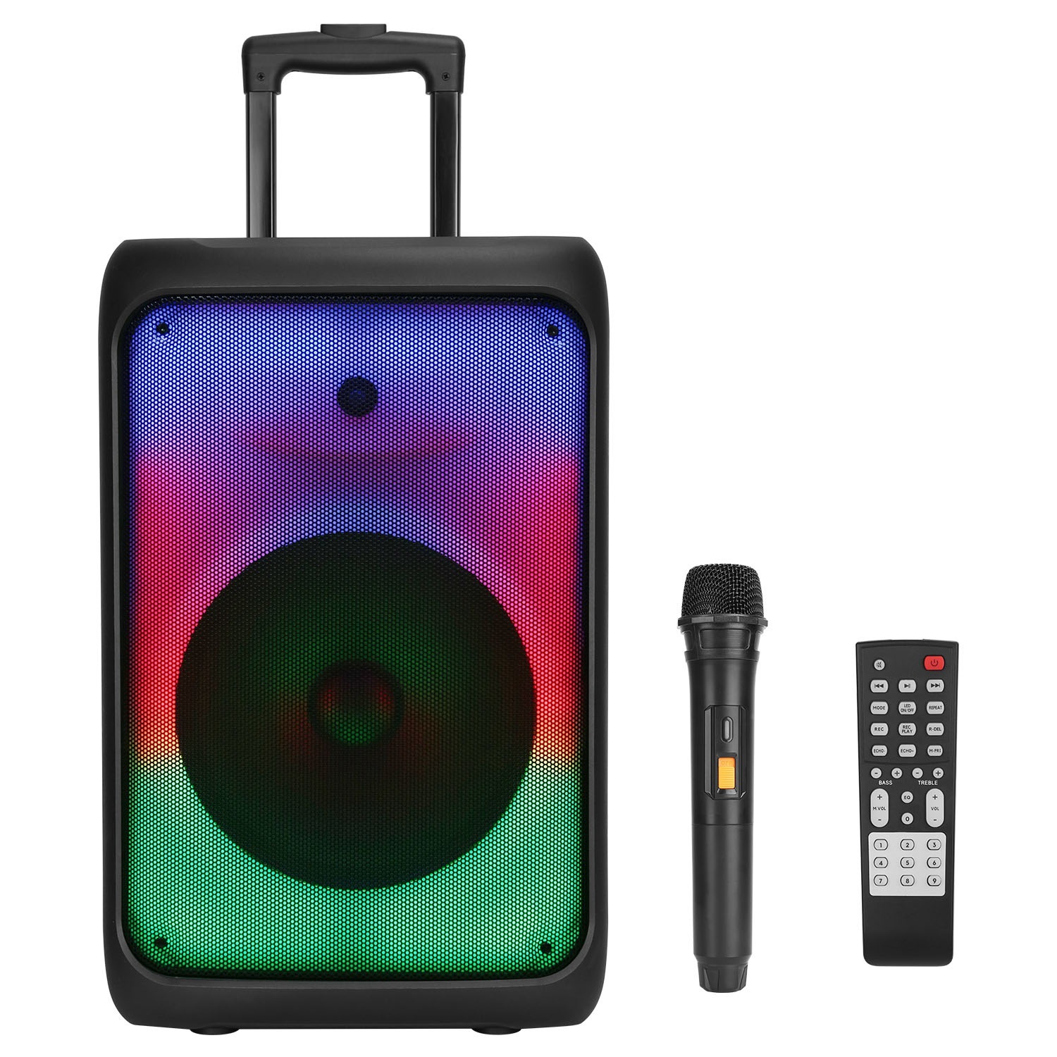 1Pc Portable Wireless Party Speaker Party Speaker With With 5 Colorful Lighting Modes TWS FM USB MMC Slot Aux In Recording Mic Priority Trolley Handle 2 Wheels Remote Control - Image 2