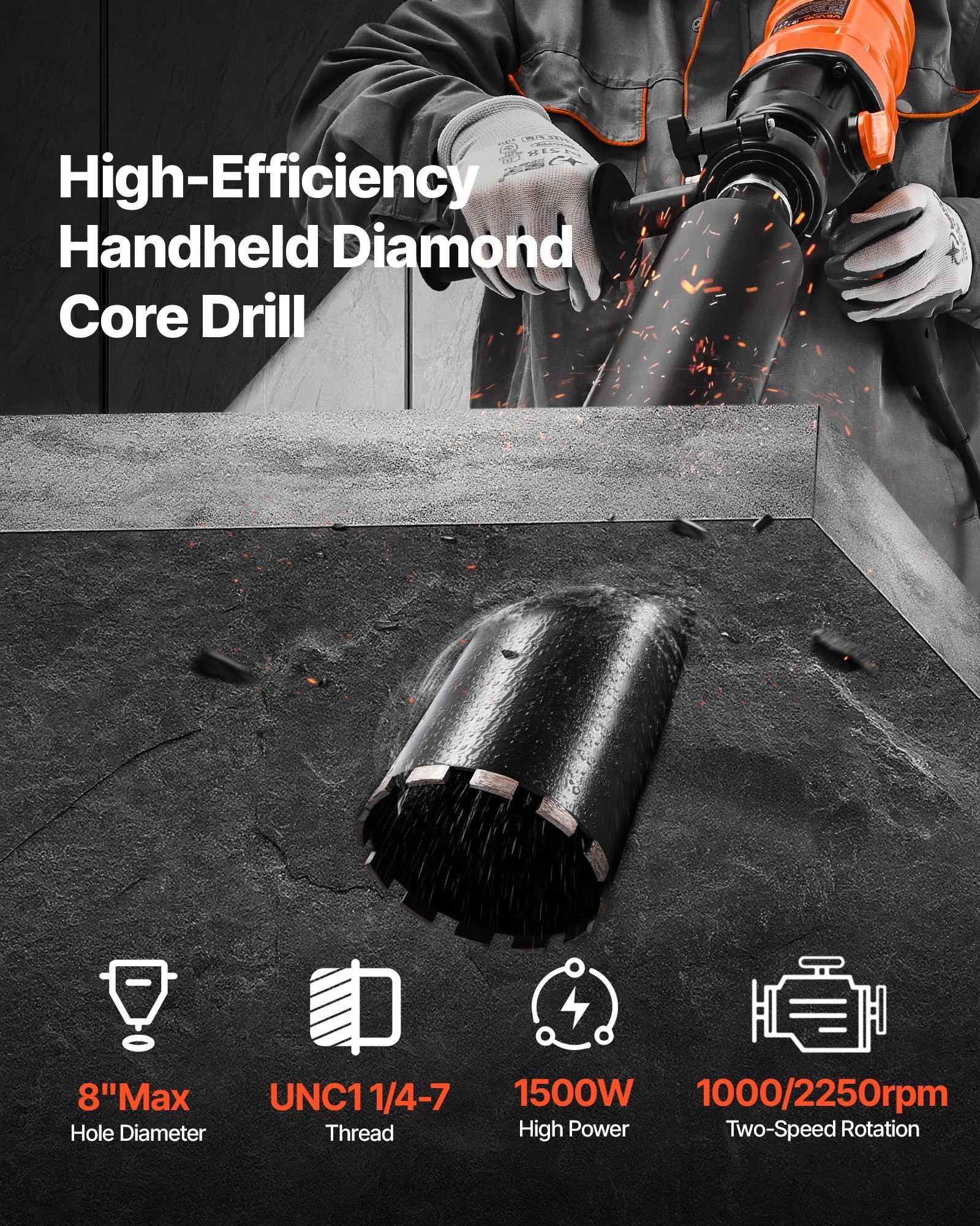 Diamond Core Drill Machine Handheld Concrete Core Drill Rig 8 In Dia 1800W - Image 5