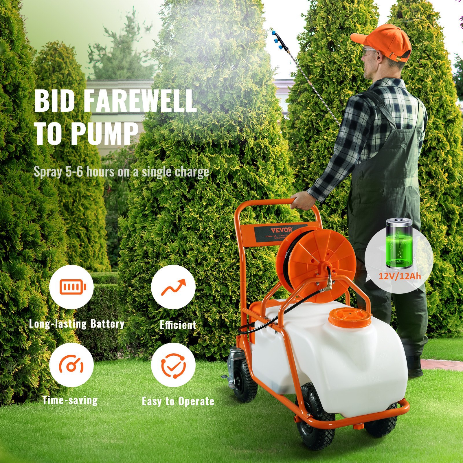 Battery Powered Lawn Sprayer On Wheel, 0-90 PSI Adjustable Pressure, 15 Gallon Tank, Cart Sprayer With 8 Nozzles And 2 Wands, 12V 12Ah Battery, Wide Mouth Lid For Weeding, Spraying - Image 4