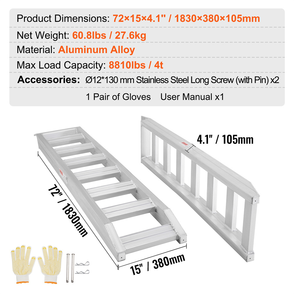 VEVOR Aluminum Ramps, 8810 Lbs, Heavy-duty Ramps With Top Hook Attaching End, Universal Loading Ramp For Motorcycle, Tractor, ATV UTV, Trucks, Lawn Mower, 72inL X 15inW, 2Pcs - Image 5