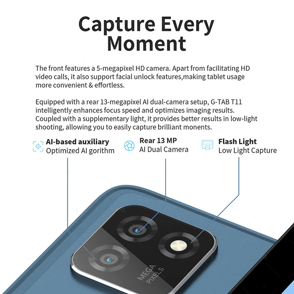G-tab T11 Android 14 Tablet 10.1 Inch 1280&800 IPS Screen Unisoc T606 8 Core Max 1.6GHz 8GB RAM 4GB&4GB Expansion128GB ROM 2.4&5GHz WiFi Bluetooth 5.0 6580mAh Battery 8MP&13MP Camera Dual 4G - Image 5