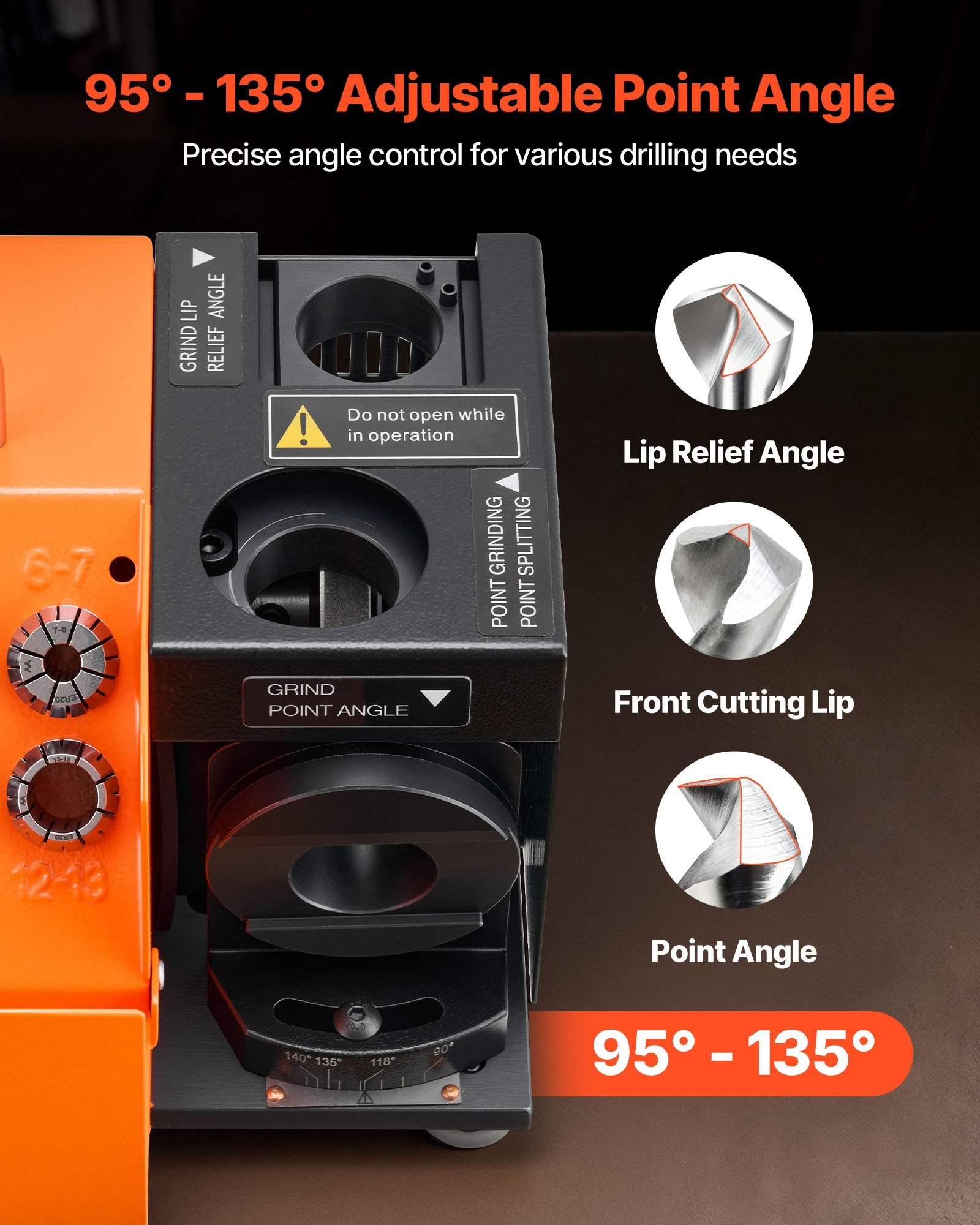 Drill Bits Sharpener MR-13D, 3–13mm Professional Drill Bit Grinder With Adjustable Lip Relief Angle, Front Cutting Lip & 95°-135° Point Angle, 5800RPM Re-Sharpener With 11 Collets & CBN Wheel - Image 5