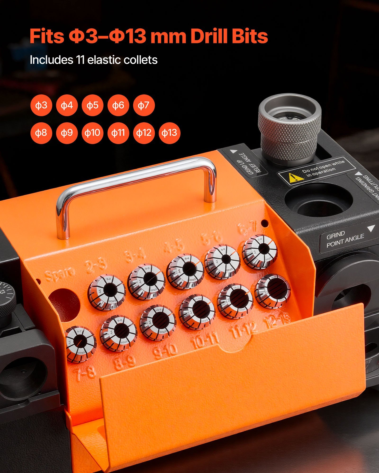 Drill Bits Sharpener MR-13D, 3–13mm Professional Drill Bit Grinder With Adjustable Lip Relief Angle, Front Cutting Lip & 95°-135° Point Angle, 5800RPM Re-Sharpener With 11 Collets & CBN Wheel - Image 3