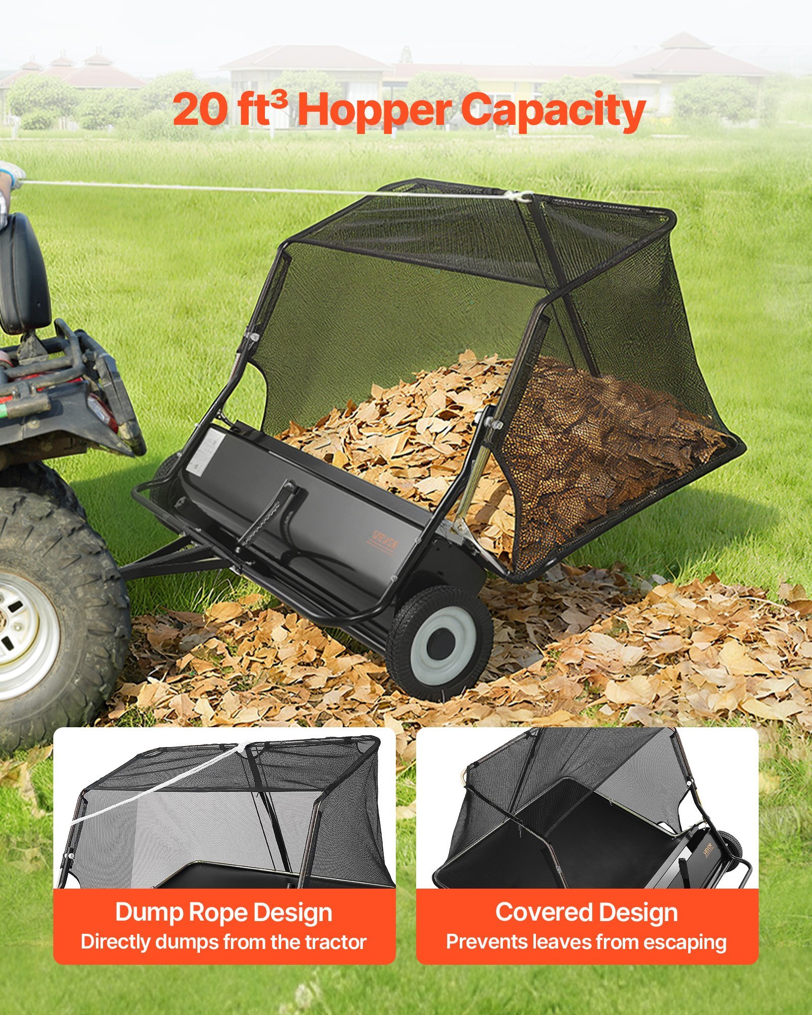 Tow Behind Lawn Sweeper, 48 In Pull Behind Yard Sweeper, 26 Cu. Ft Hopper Bag Capacity, Leaf & Grass Collector With Dumping Rope, Adjustable Sweeping Height, Garden Sweepers For Lawn Farm - Image 2