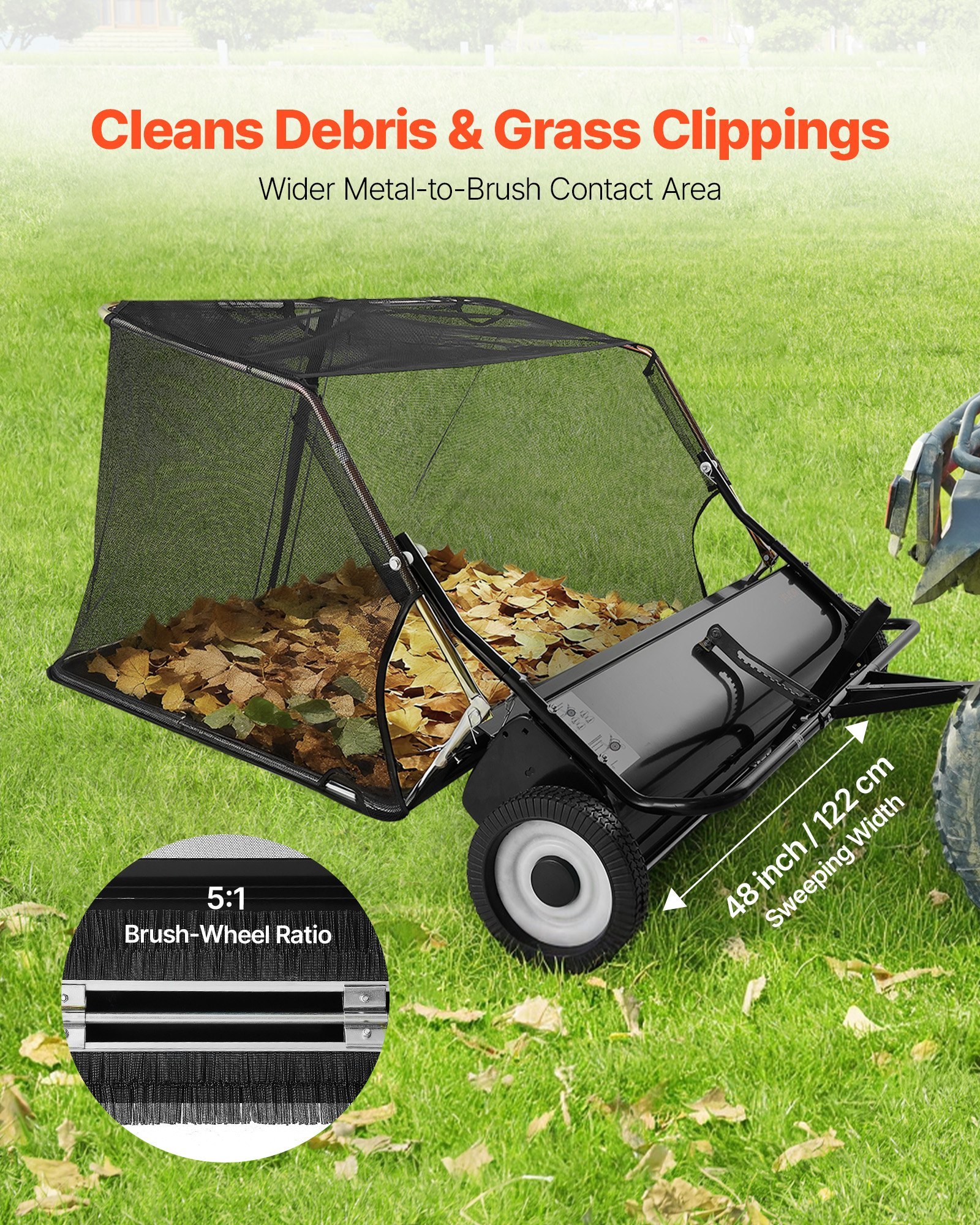 Tow Behind Lawn Sweeper, 48 In Pull Behind Yard Sweeper, 26 Cu. Ft Hopper Bag Capacity, Leaf & Grass Collector With Dumping Rope, Adjustable Sweeping Height, Garden Sweepers For Lawn Farm - Image 5