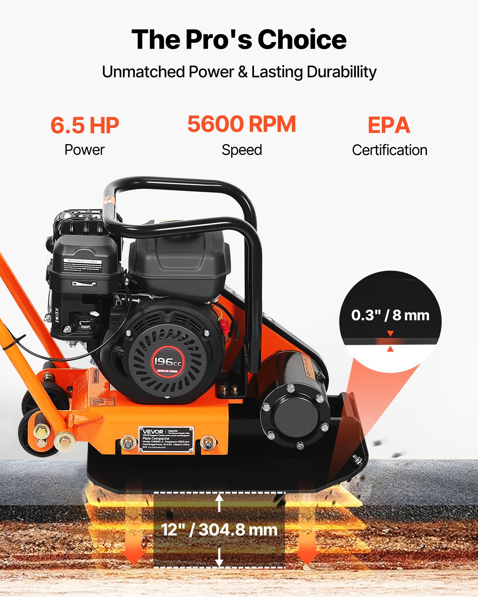 Plate Compactor, 6.5 HP 196CC Gas Engine, 5600 VPM Vibrating Ground Rammer, 2360 Lbs Compaction Force, 20.1 X 15 In Plate, Walk Behind Compactor For Paver Landscaping, Asphalt, Foundation, Soil - Image 3