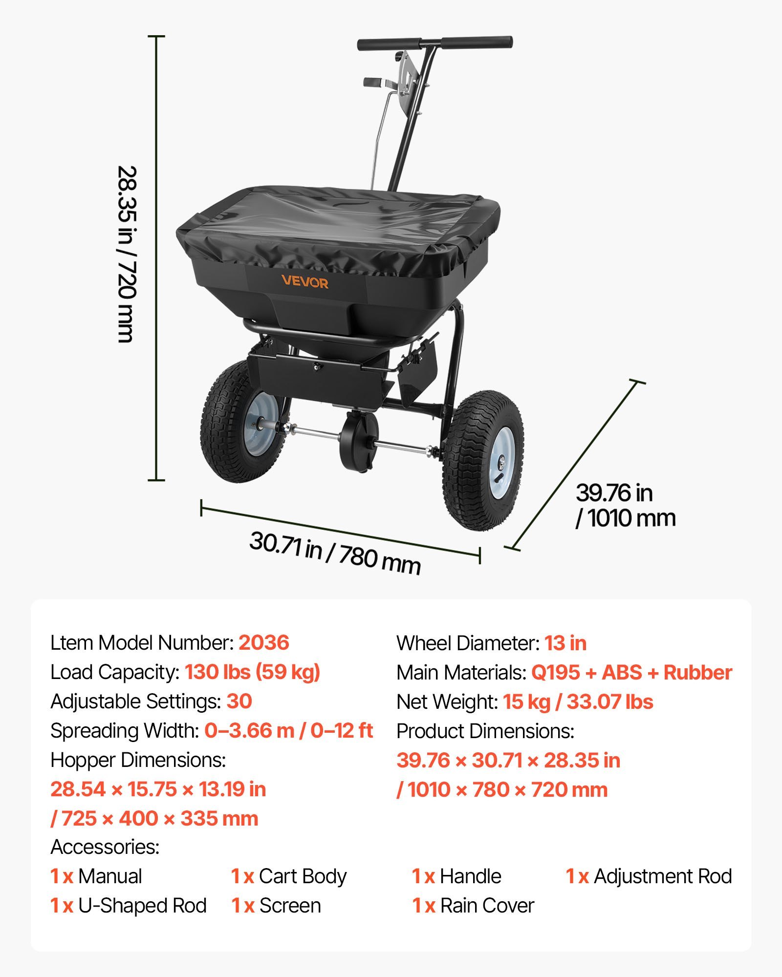 Walk-Behind Spreader, 12ft Spreading Width, Push Broadcast Spreader With 13" All-Terrain Tires, Adjustable Flow Control, 130lbs Capacity Hopper, Lawn Spreaders For Fertilizer Seed Ice Melt