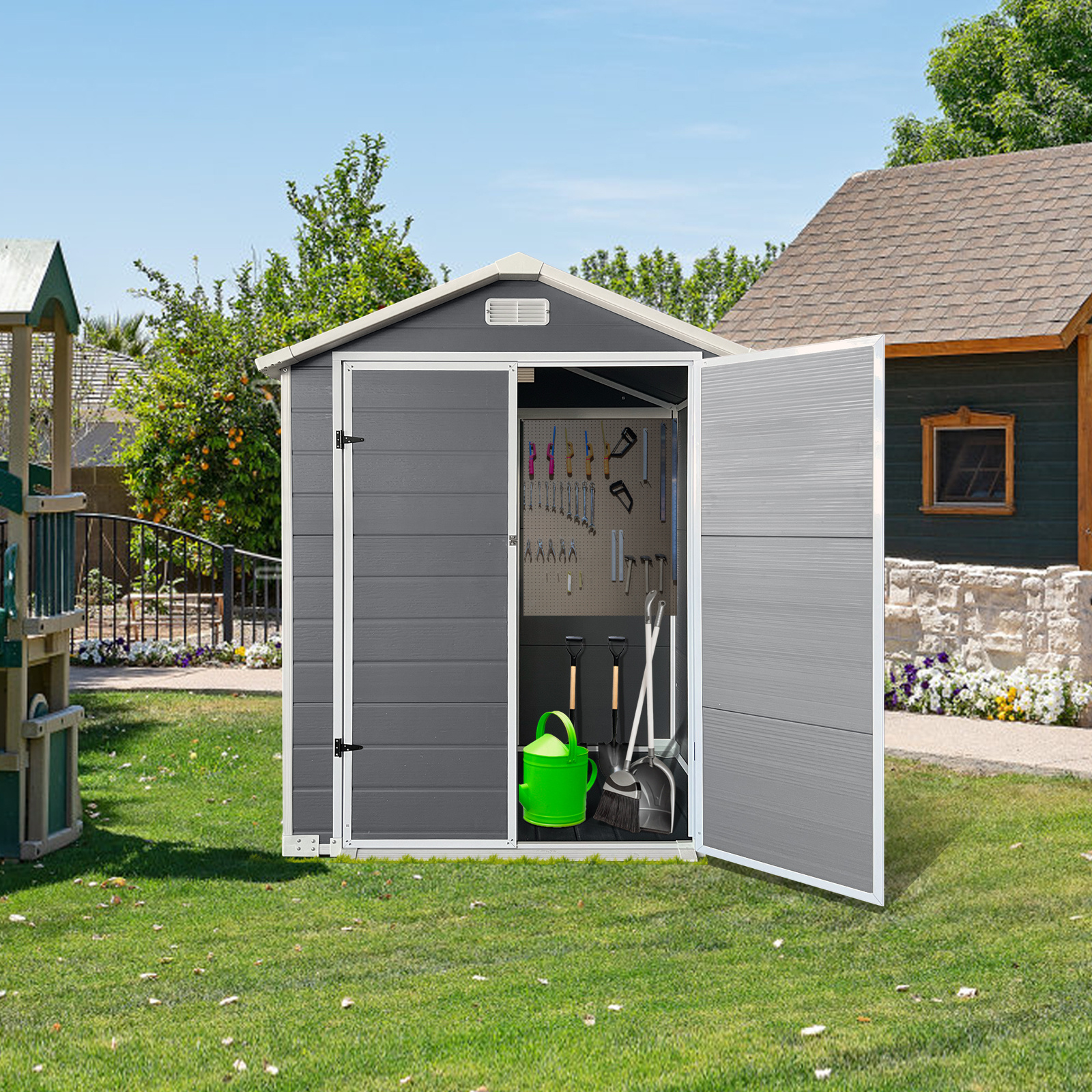 6x4 Ft Plastic Outdoor Storage With Floor And Lockable Door Plastic Garden Shed For Backyard, Lawn, Gray - Image 4