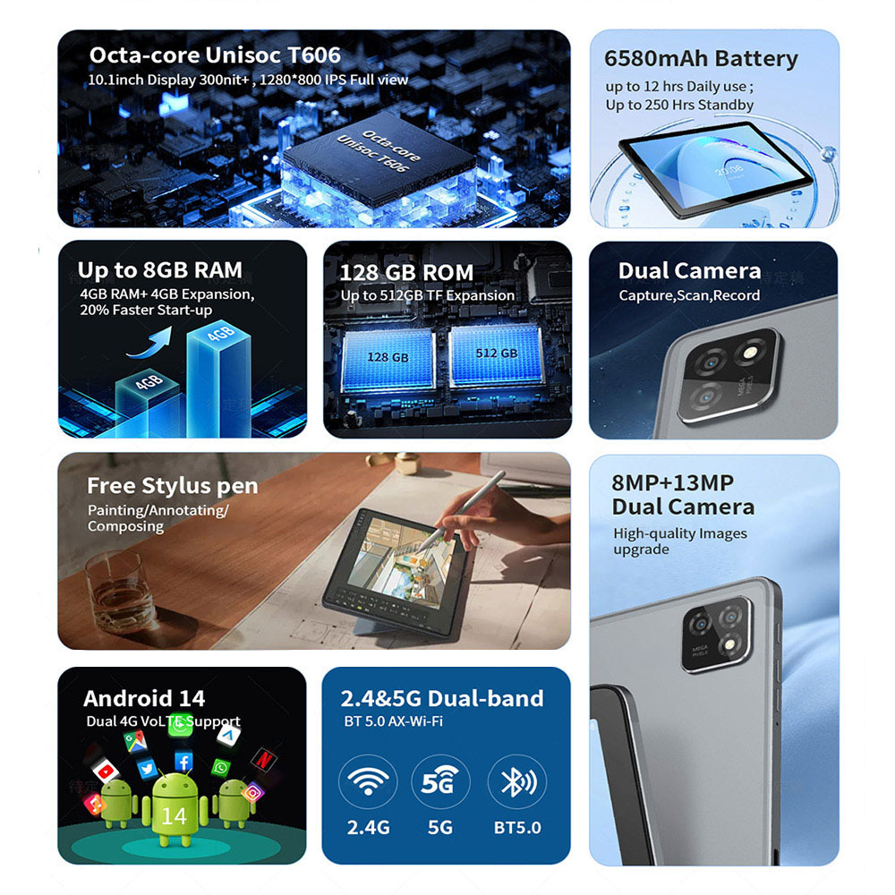 G-tab T11 Android 14 Tablet 10.1 Inch 1280&800 IPS Screen Unisoc T606 8 Core Max 1.6GHz 8GB RAM 4GB&4GB Expansion128GB ROM 2.4&5GHz WiFi Bluetooth 5.0 6580mAh Battery 8MP&13MP Camera Dual 4G - Image 6