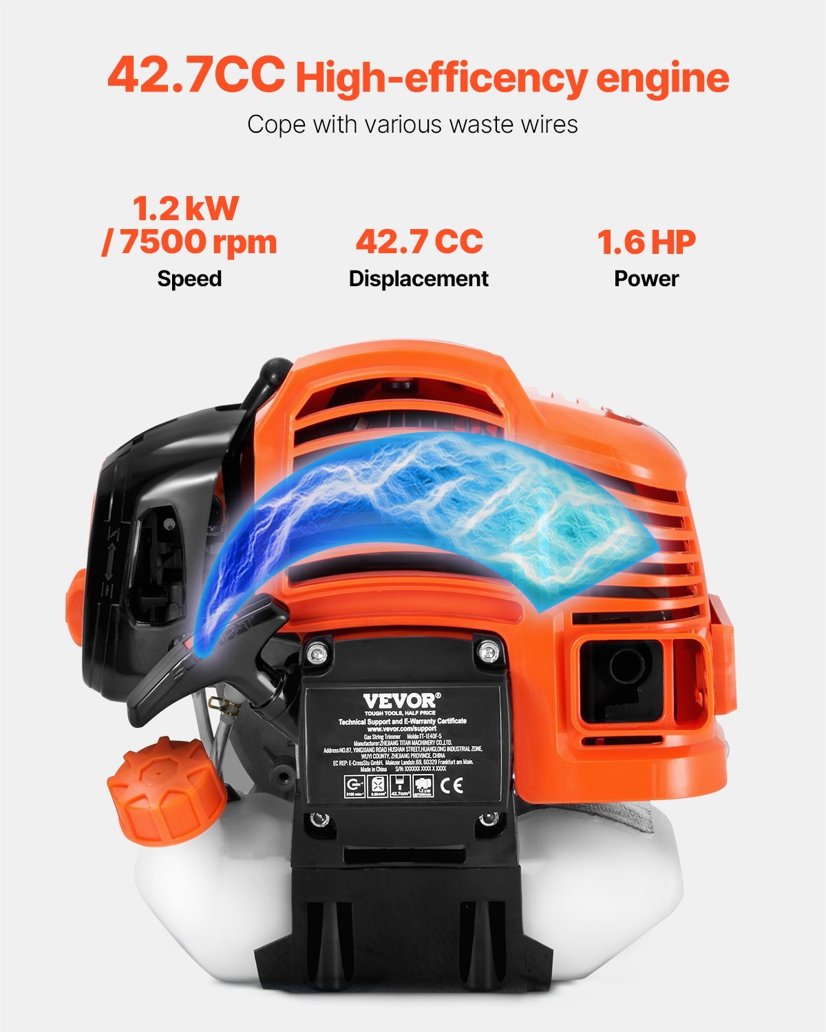 String Trimmer, 42.7CC 2-Stroke, Gas Powered Weed Wacker, 16.9' Cordless Grass Trimmer, Multi-Functional Lawn Edger With Shoulder Strap & 3T Blade, Weed Eater For Quick Grass Cleaning - Image 5