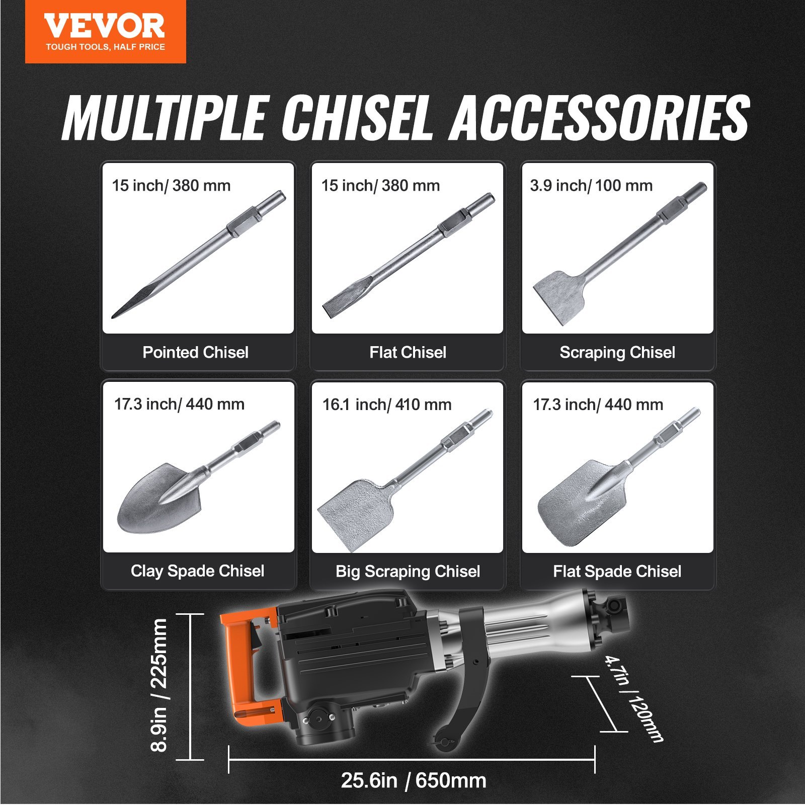 Demolition Jack Hammer, 1350 BPM Concrete Breaker 6pcs Chisels Bit Chipping With Case, 2200W Electric Jackhammer Heavy Duty, Black - Image 2