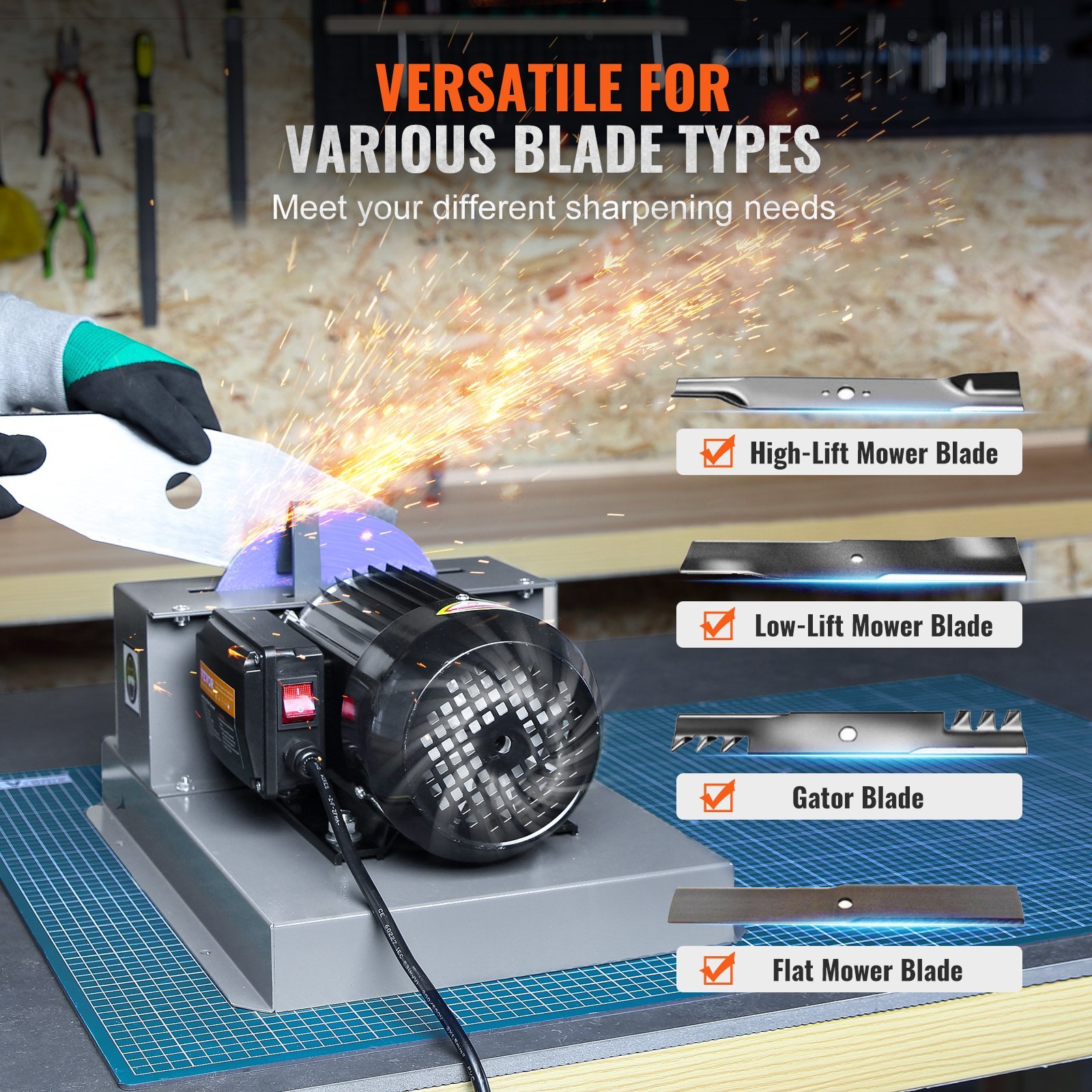 VEVOR Lawn Mower Blade Sharpener, 500W Lawnmower Blade Grinder With 7-inch Ceramic Grinding Wheel, Powerful Bench Mower Sharpening Machine For High Low Lift Blades, Gator Blades, Flat Blades - Image 3
