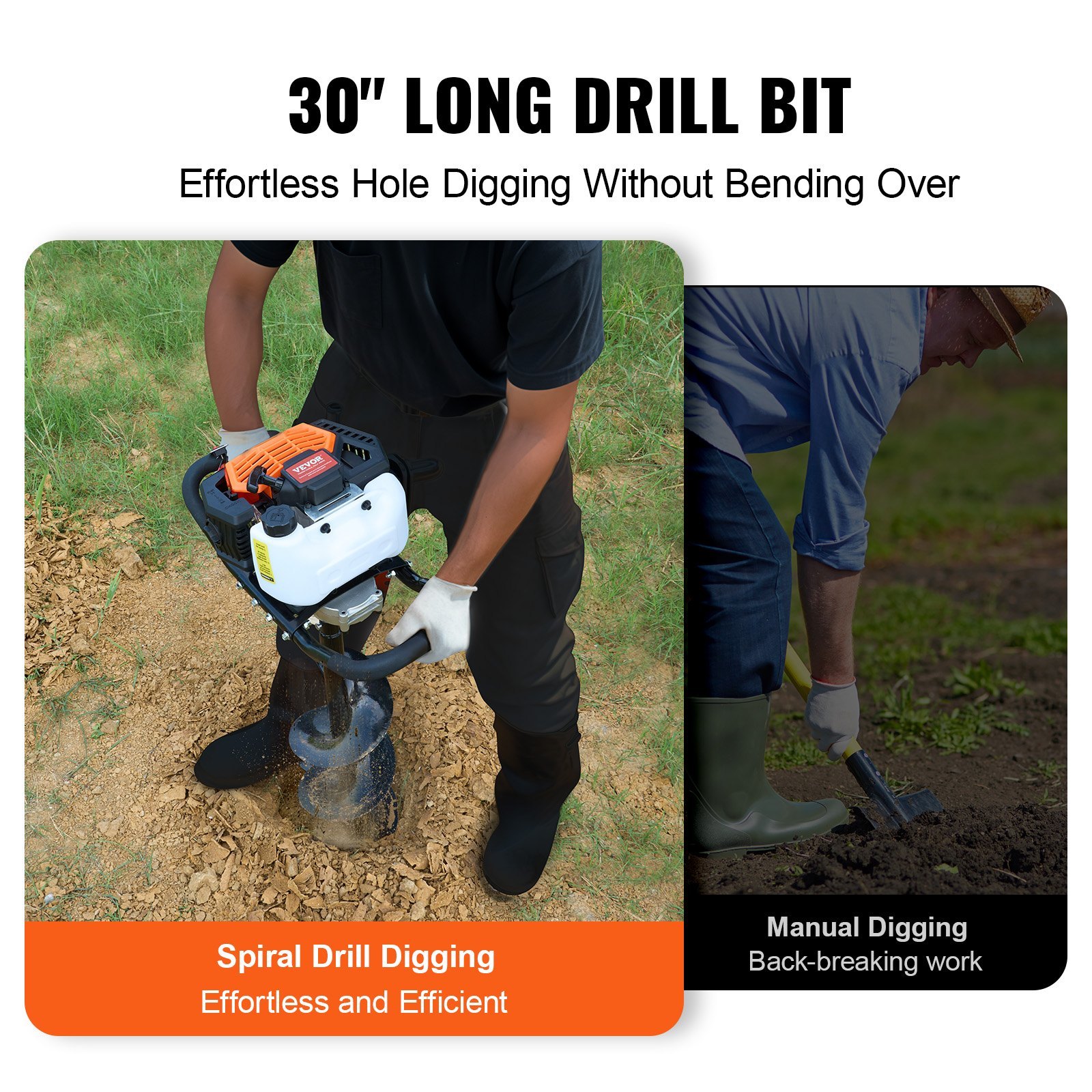 Post Hole Digger Gas Powered, 43CC 1250W Earth Auger, Gas Auger With 8” Auger Drill Action Design Bits, Post Fence Hole Digger For Farmland Garden Plant, Orange+Black - Image 2