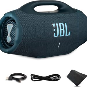 JBL Boombox 4 Portable Bluetooth Speaker (Blue) – Powerful Pro Sound, Dual Bass Modes, IP68 Waterproof and Dustproof (JBLBOOMBOX4BUAM) + USB-C Cable + Microfiber Cloth