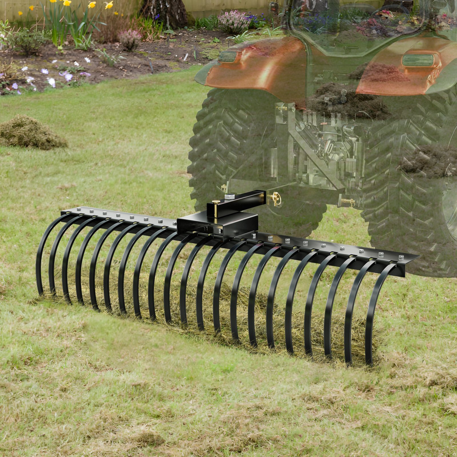 Tow Behind Landscape Rake, Tow Dethatcher With 21 Steel Coil Tines, Lawn Dethatcher Rake Attaches Toolbars And 3-point Suspension Systems, For Leaves, Pine Needles, And Grass - Image 4