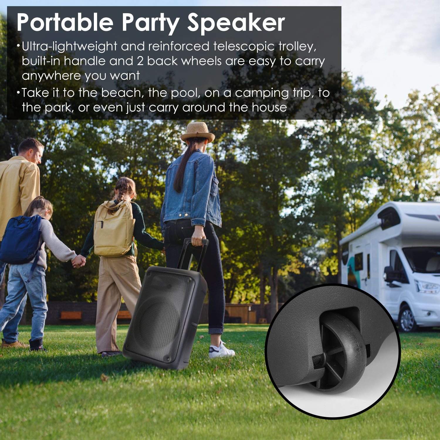 1Pc Portable Wireless Party Speaker Party Speaker With With 5 Colorful Lighting Modes TWS FM USB MMC Slot Aux In Recording Mic Priority Trolley Handle 2 Wheels Remote Control - Image 4