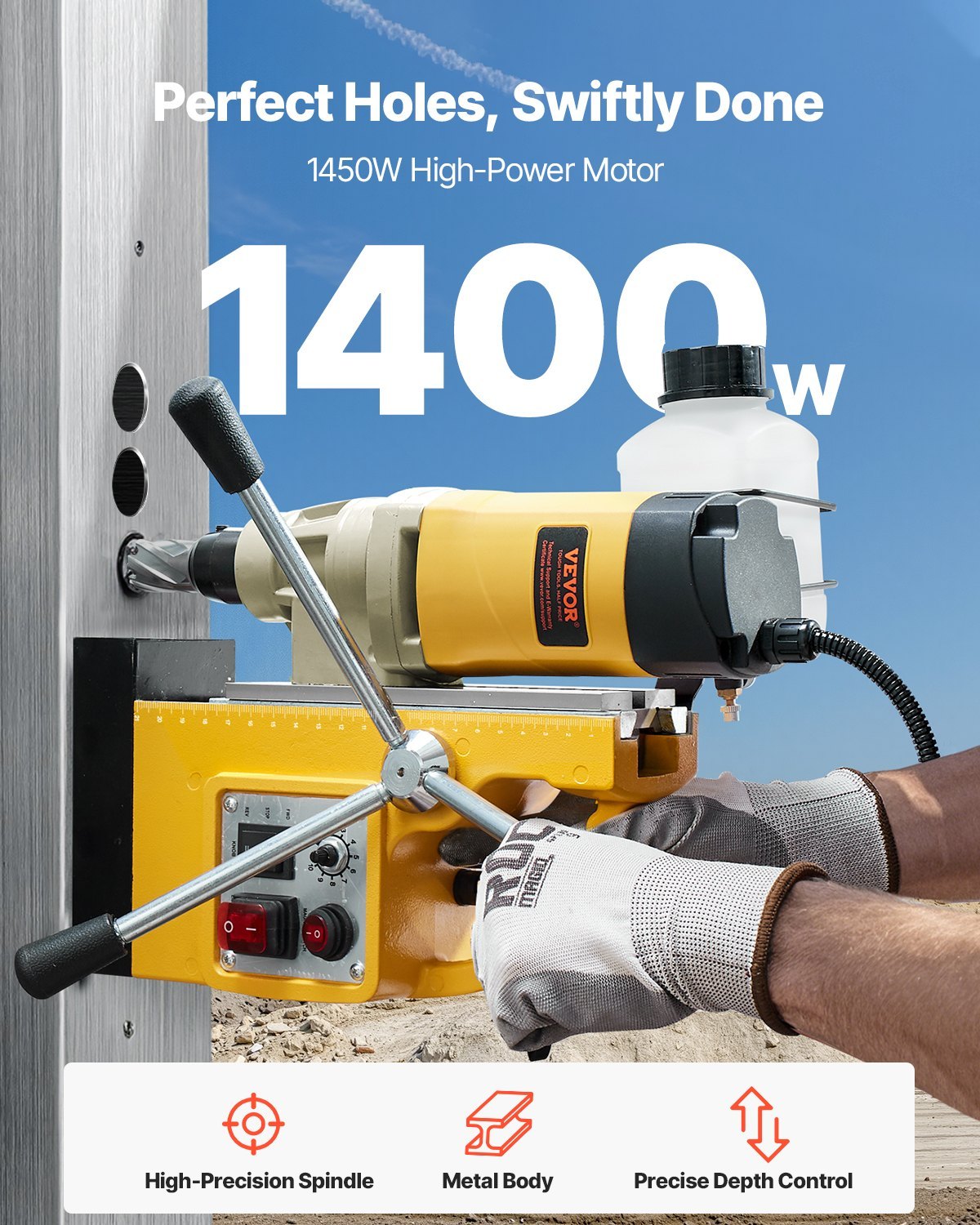 Magnetic Drill 1450W 2878 Lbf Mag Drill Press 2 In Boring Diameter 6 Bits Yellow - Image 2