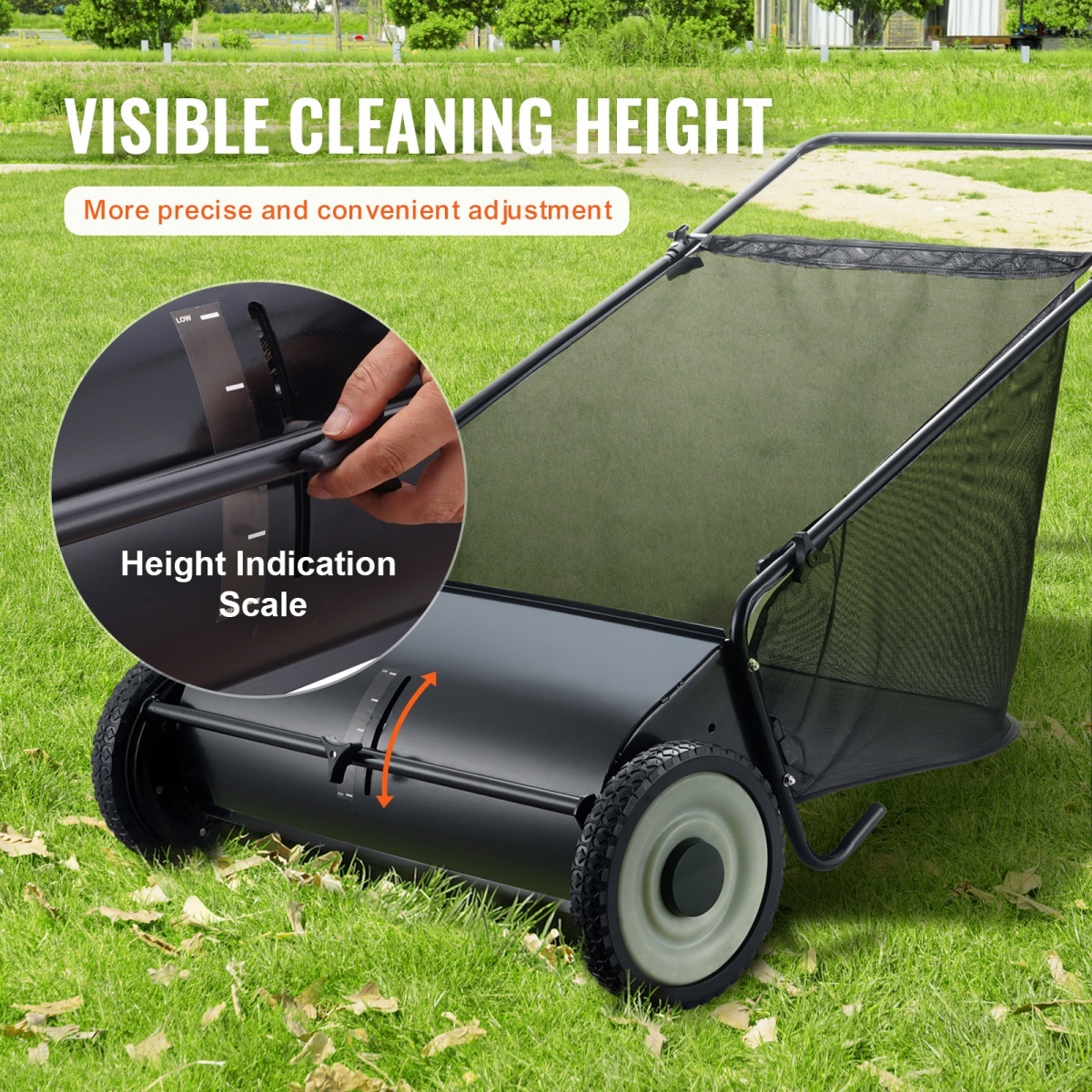 VEVOR Push Lawn Sweeper, 26 Inch Leaf & Grass Collector, Strong Rubber Wheels & Heavy Duty Thickened Steel Durable To Use With Large Capacity 7 Ft3 Mesh Collection Bag, 4 Spinning Brushes