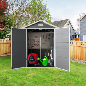 6x4 Ft Plastic Outdoor Storage With Floor And Lockable Door Plastic Garden Shed For Backyard, Lawn, Gray
