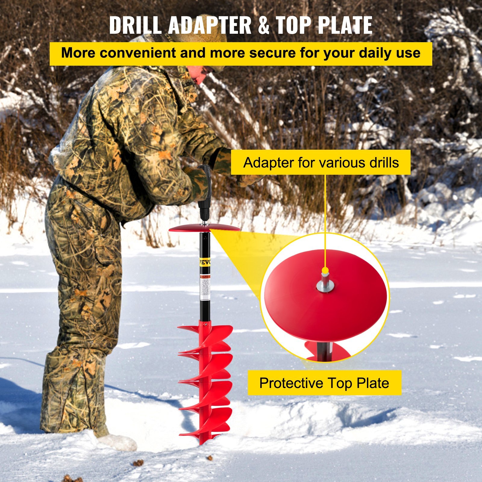 Ice Drill Auger, 8" Diameter Nylon Ice Auger, 39" Length Ice Auger Bit,Auger Drill With 11.8" Extension Rod,Auger Bit With Drill Adapter,Top Plate & Blade Guard For Ice Fishing Ice Burrowing - Image 2