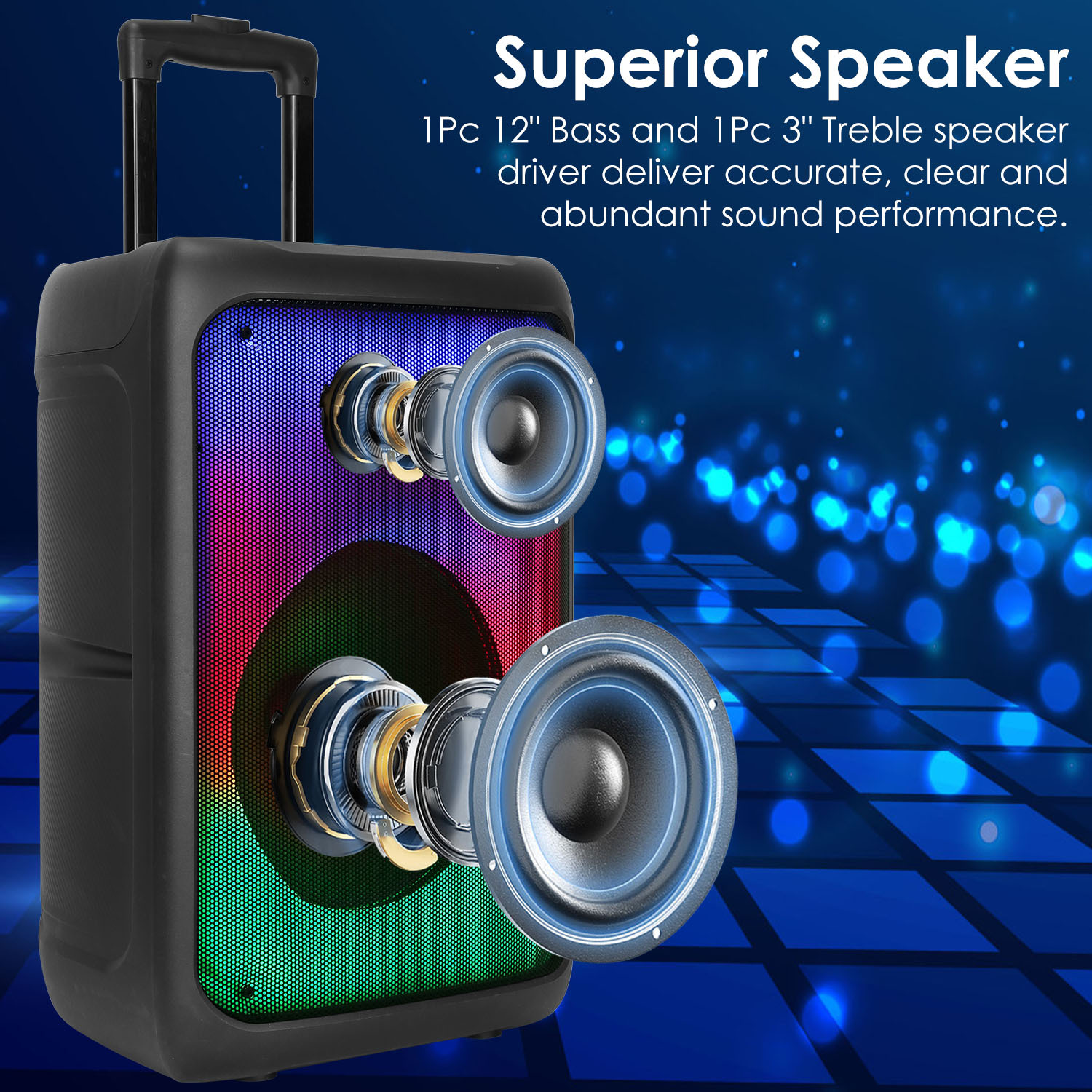1Pc Portable Wireless Party Speaker Party Speaker With With 5 Colorful Lighting Modes TWS FM USB MMC Slot Aux In Recording Mic Priority Trolley Handle 2 Wheels Remote Control - Image 3