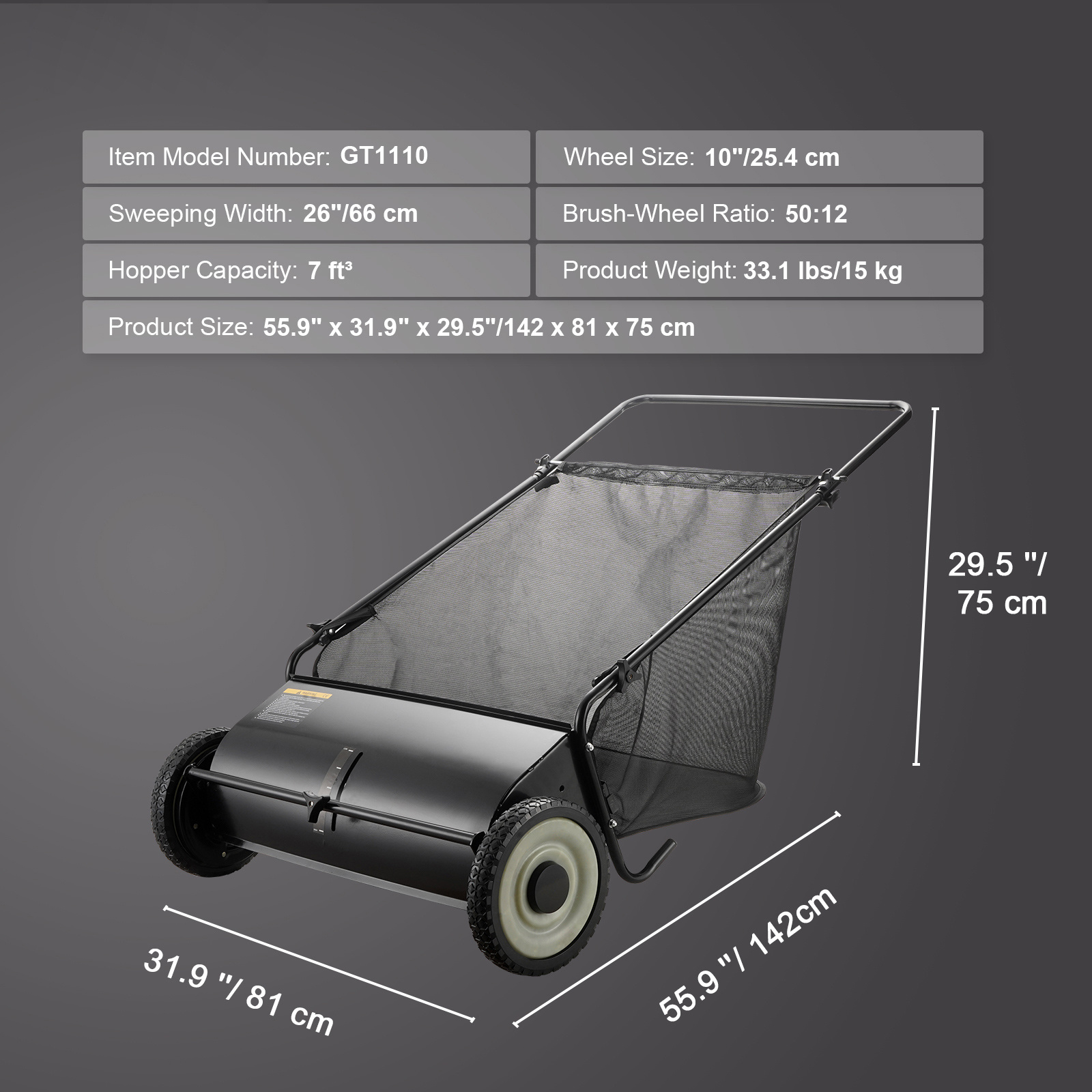 VEVOR Push Lawn Sweeper, 26 Inch Leaf & Grass Collector, Strong Rubber Wheels & Heavy Duty Thickened Steel Durable To Use With Large Capacity 7 Ft3 Mesh Collection Bag, 4 Spinning Brushes - Image 4