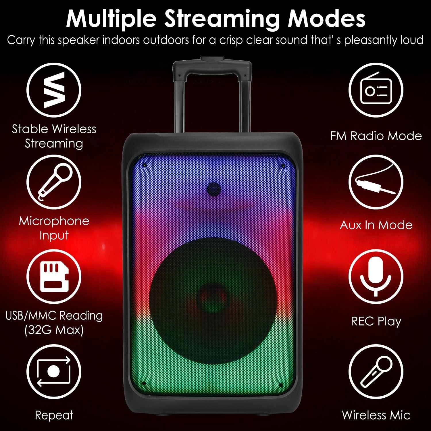 1Pc Portable Wireless Party Speaker Party Speaker With With 5 Colorful Lighting Modes TWS FM USB MMC Slot Aux In Recording Mic Priority Trolley Handle 2 Wheels Remote Control - Image 9