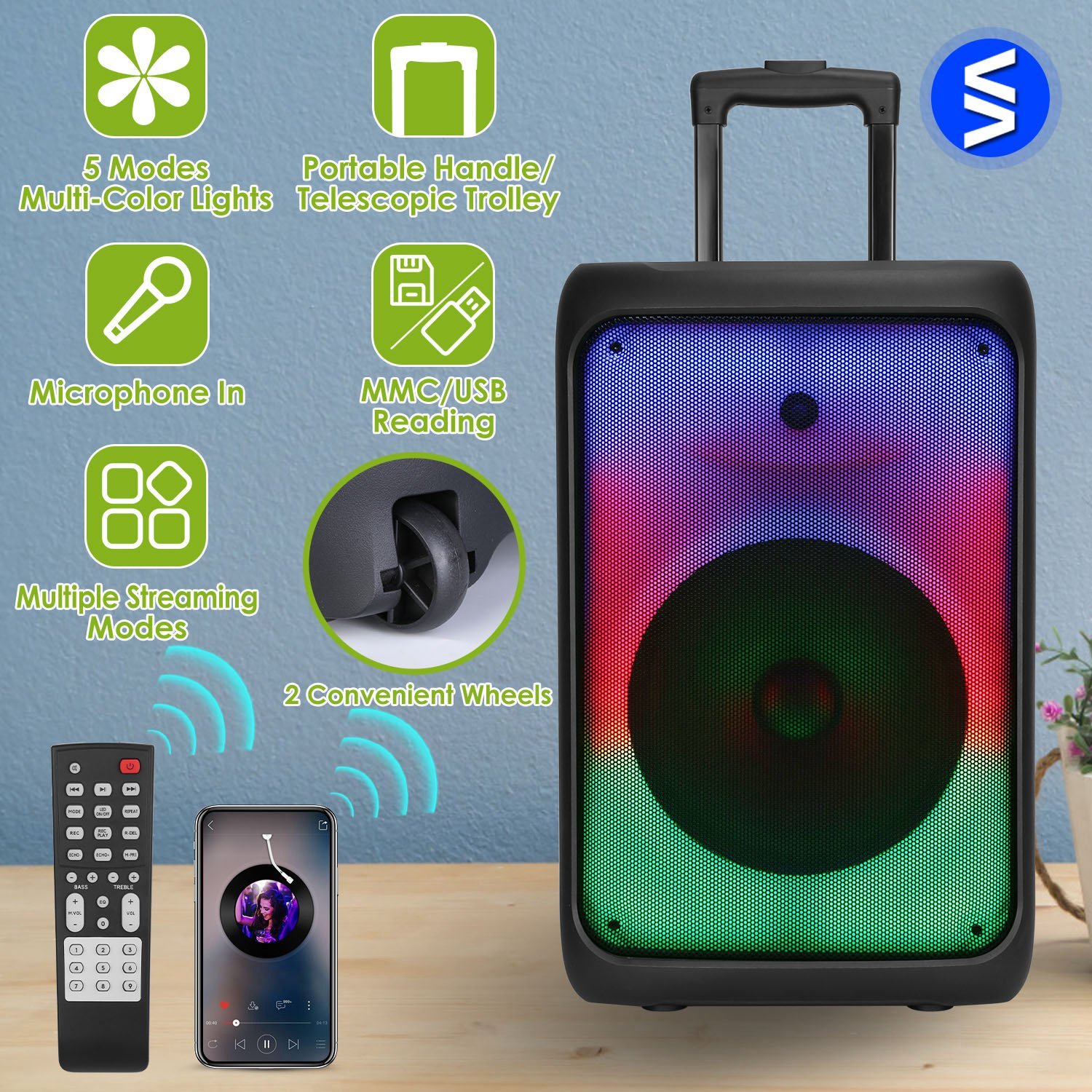 1Pc Portable Wireless Party Speaker Party Speaker With With 5 Colorful Lighting Modes TWS FM USB MMC Slot Aux In Recording Mic Priority Trolley Handle 2 Wheels Remote Control