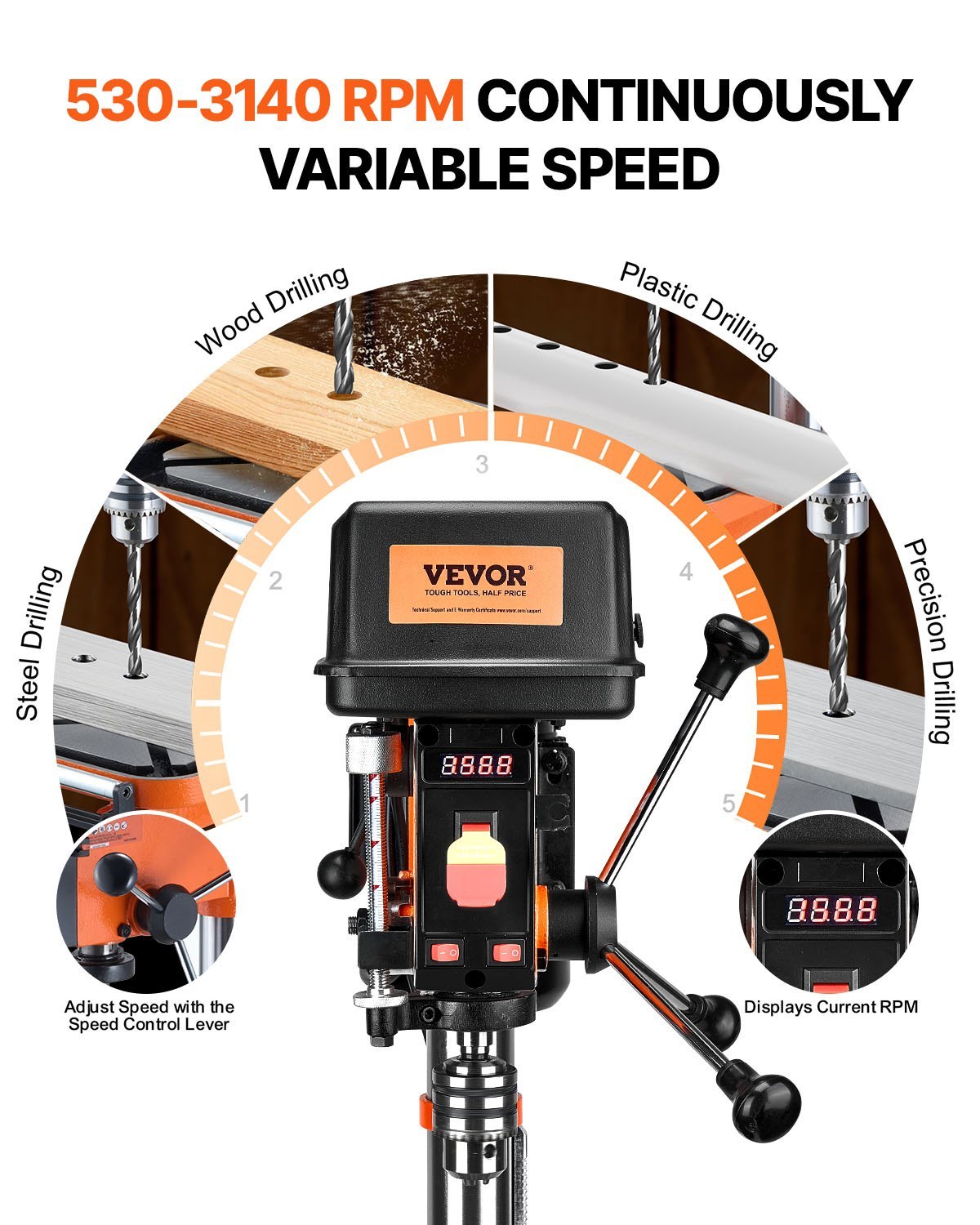 12 In Benchtop Drill Press, 5 Amp 120V, Variable Speed Cast Iron Bench Drill Press, 12 In Swing Distance 0-45° Tiltling Worktable With Laser Work Light, Tabletop Drilling Machine For Wood Metal - Image 3