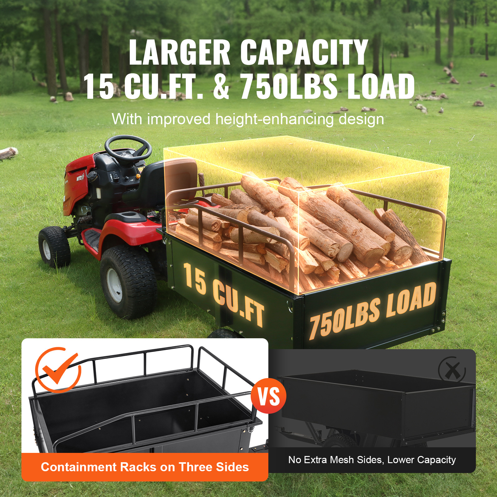 VEVOR Heavy Duty ATV Trailer Steel Dump Cart, 750-Pound 15 Cubic Feet, Garden Utility Trailer With Removable Sides For Riding Lawn Mower Tractor - Image 5