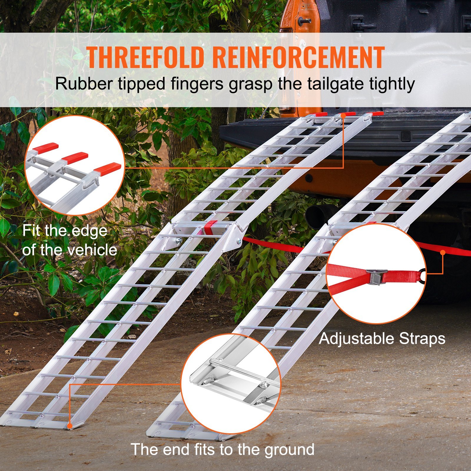 Aluminum Ramps, 1500 Lbs Folding Loading Ramps For Pickup Trucks Bed, Trailers Ramp With Load Straps For Dirt Bike, UTV, ATV, Trucks, Lawn Mowers, Snowblower, Cargo Trailer, 89"L X 12"W, 2 Pcs - Image 5