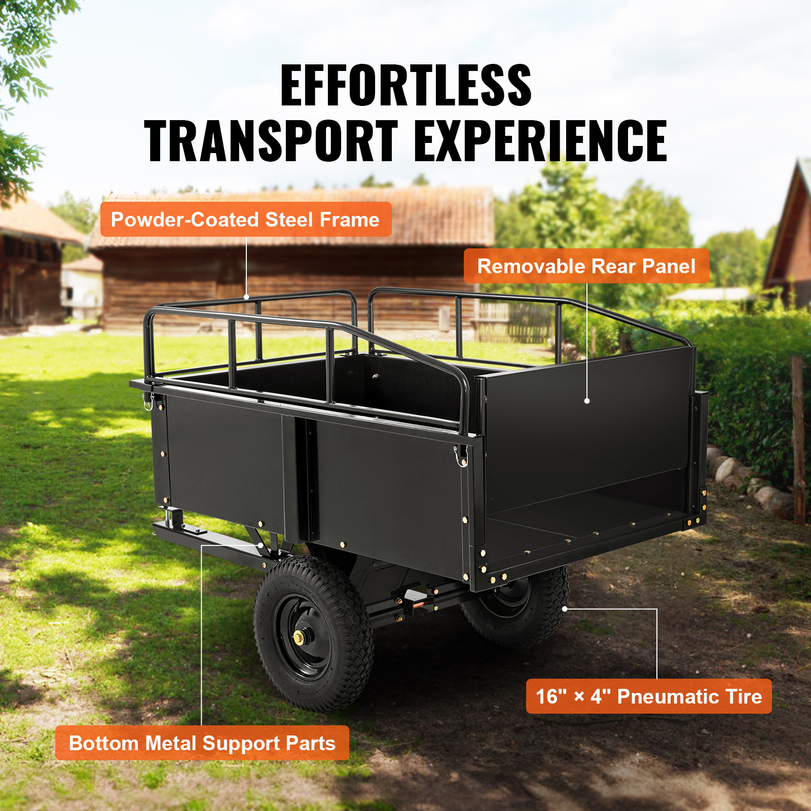 VEVOR Heavy Duty ATV Trailer Steel Dump Cart, 750-Pound 15 Cubic Feet, Garden Utility Trailer With Removable Sides For Riding Lawn Mower Tractor - Image 2