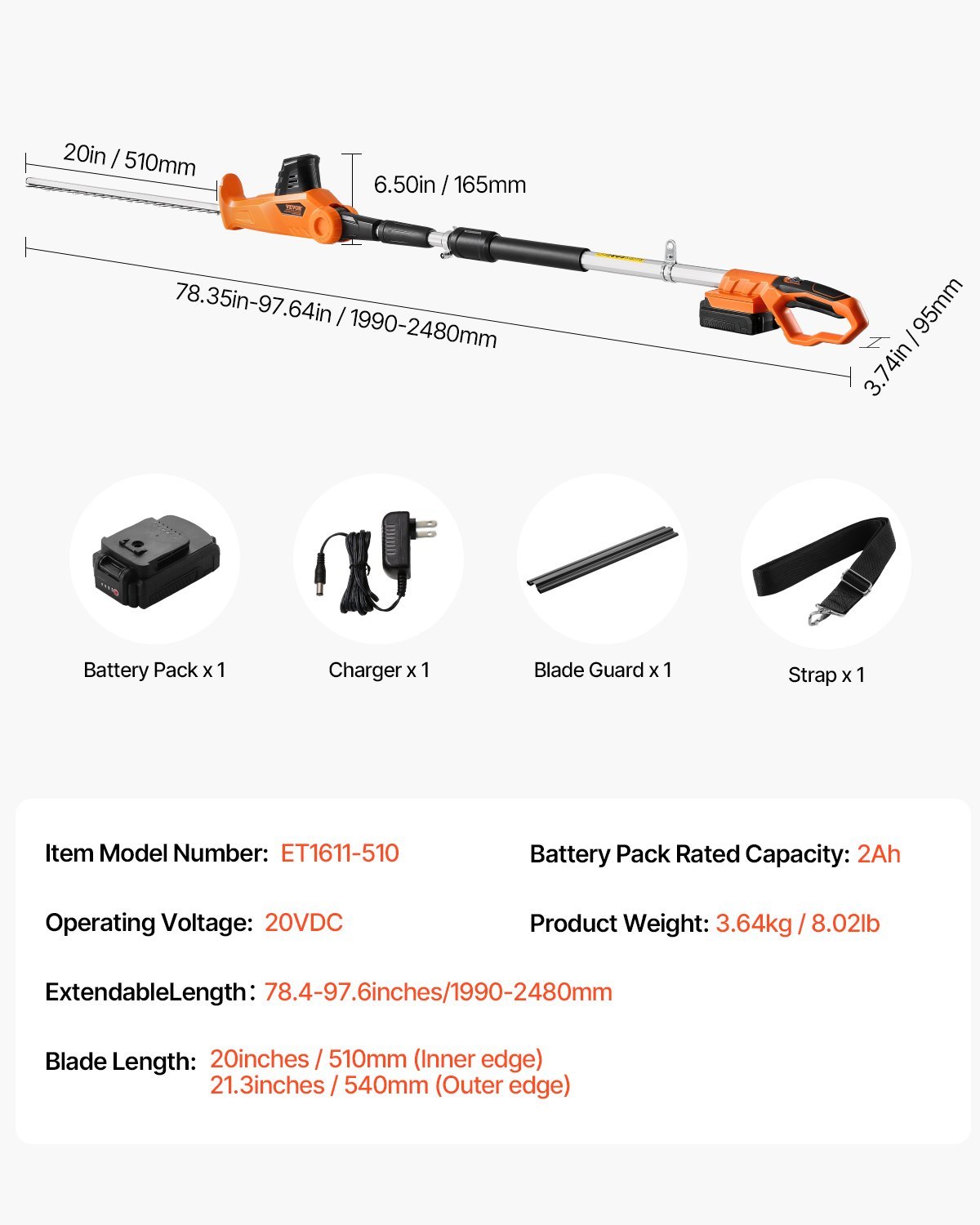 Cordless Electric Hedge Trimmer 20V 1200RMP With 20in Blade Extendable Trimmer - Image 7