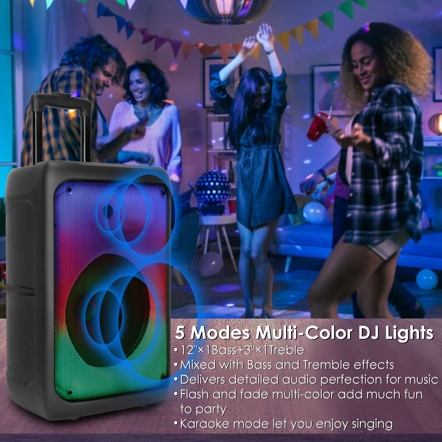 1Pc Portable Wireless Party Speaker Party Speaker With With 5 Colorful Lighting Modes TWS FM USB MMC Slot Aux In Recording Mic Priority Trolley Handle 2 Wheels Remote Control - Image 8