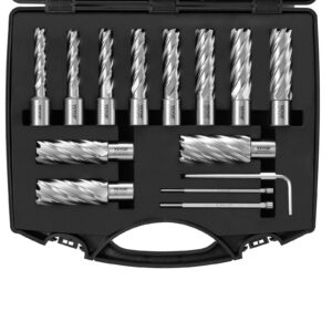 Annular Cutter Set, 13 Pcs Weldon Shank Mag Drill Bits, 7/16' To 1-1/16' Cutting Diameter, 2' Cutting Depth, M2AL HSS, With 2 Pilot Pins, Hex Wrench And Portable Case, For Using With Magnetic Dr