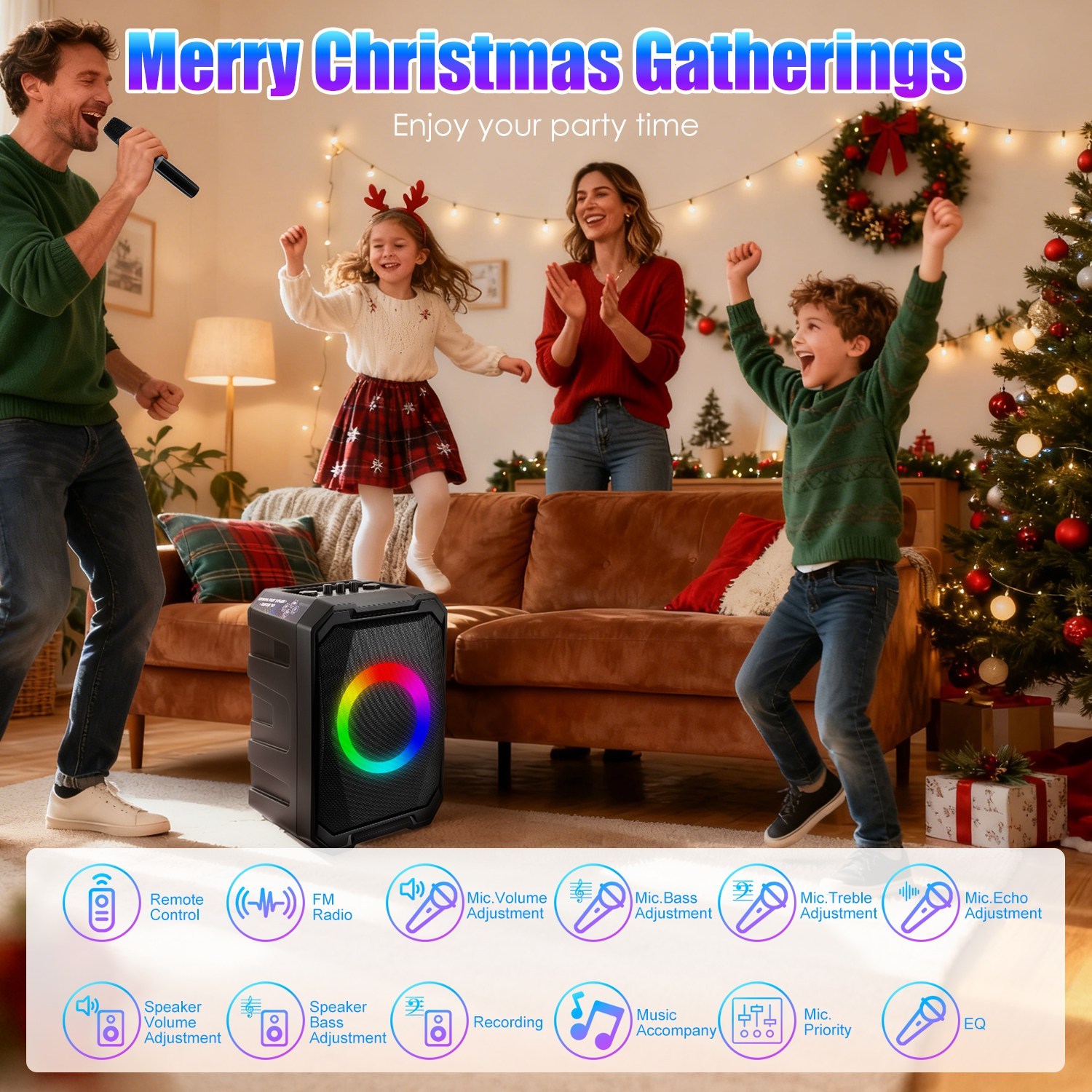 1Pc Portable Wireless Party Speaker With LED Light 2 Wireless Mics Remote Control TWS Music Accompany Mic. Priority Bass Echo Mic Treble Guitar In - Image 5