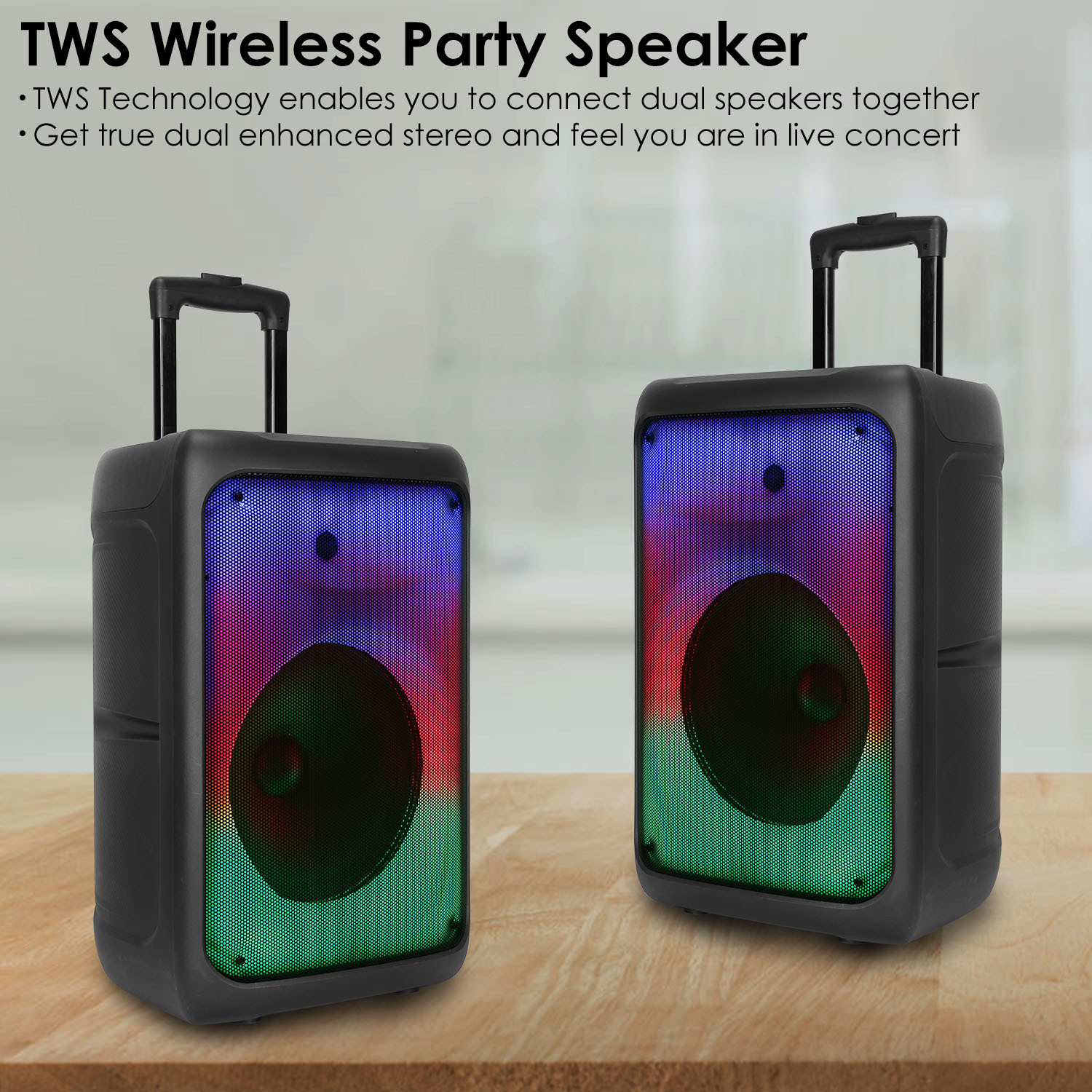 1Pc Portable Wireless Party Speaker Party Speaker With With 5 Colorful Lighting Modes TWS FM USB MMC Slot Aux In Recording Mic Priority Trolley Handle 2 Wheels Remote Control - Image 6